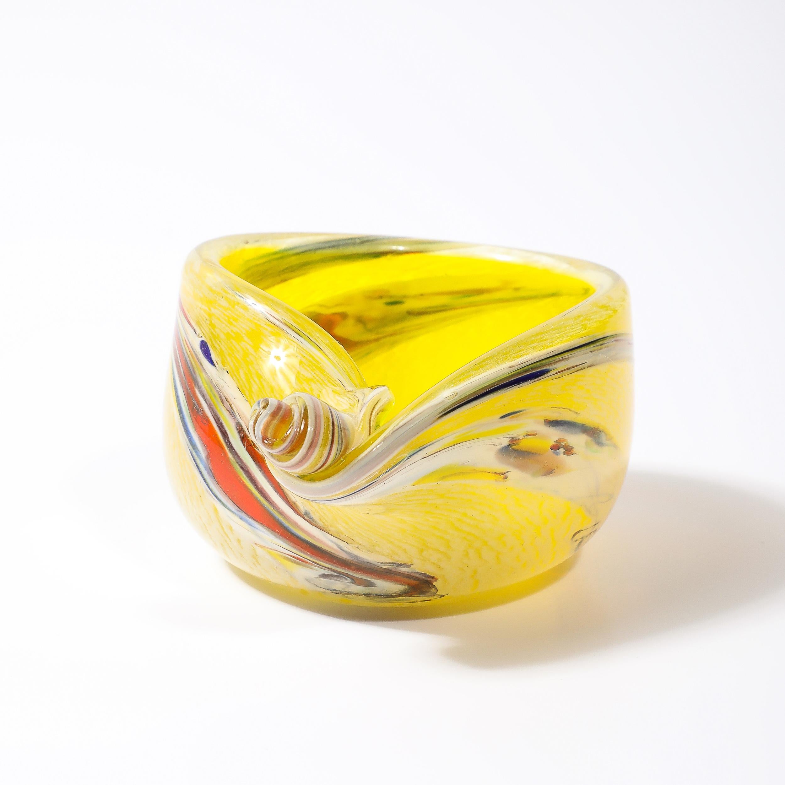 Mid-Century Modernist Hand-Blown Murano Glass Shell Form Bowl in Lemon Yellow For Sale 3