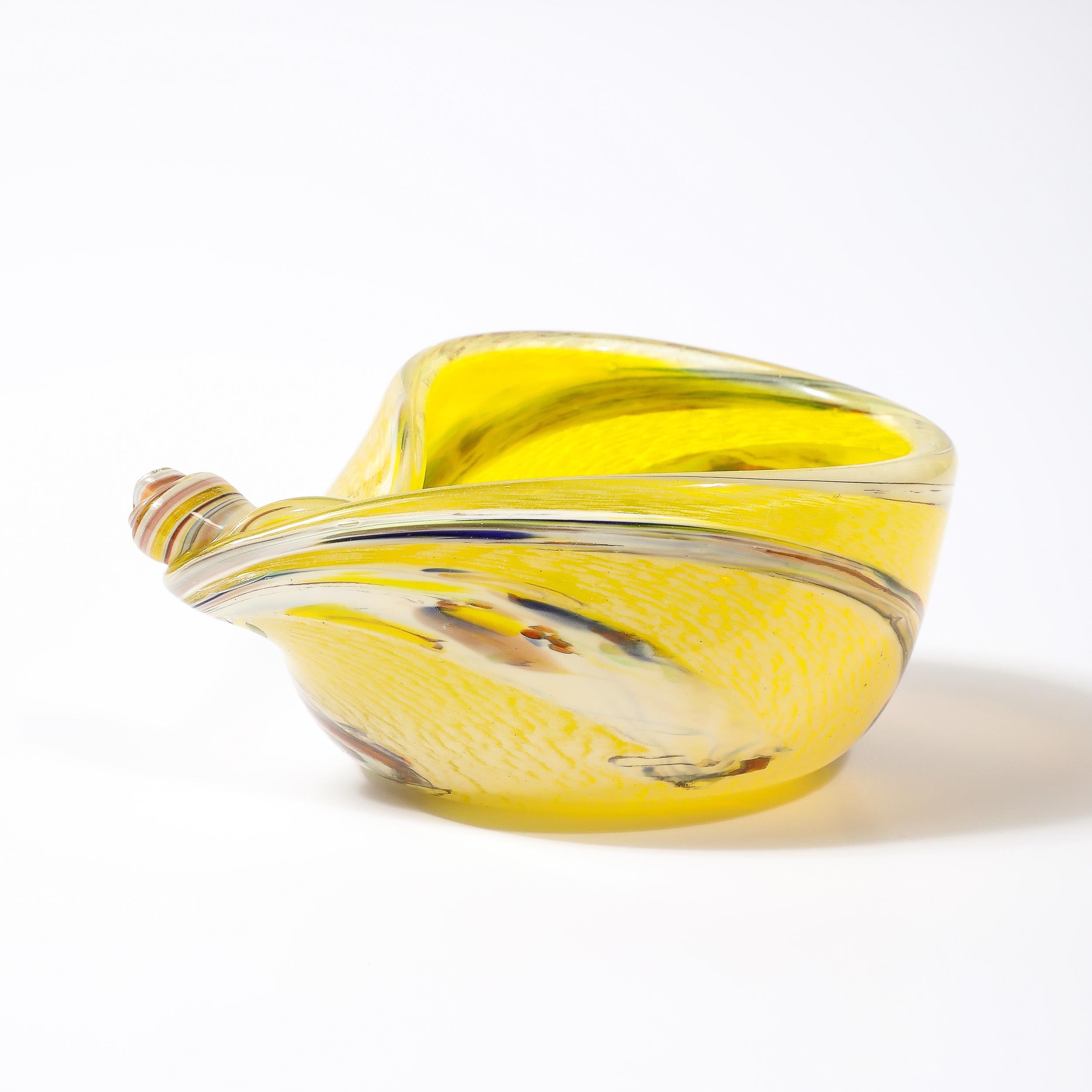 Mid-Century Modernist Hand-Blown Murano Glass Shell Form Bowl in Lemon Yellow For Sale 4