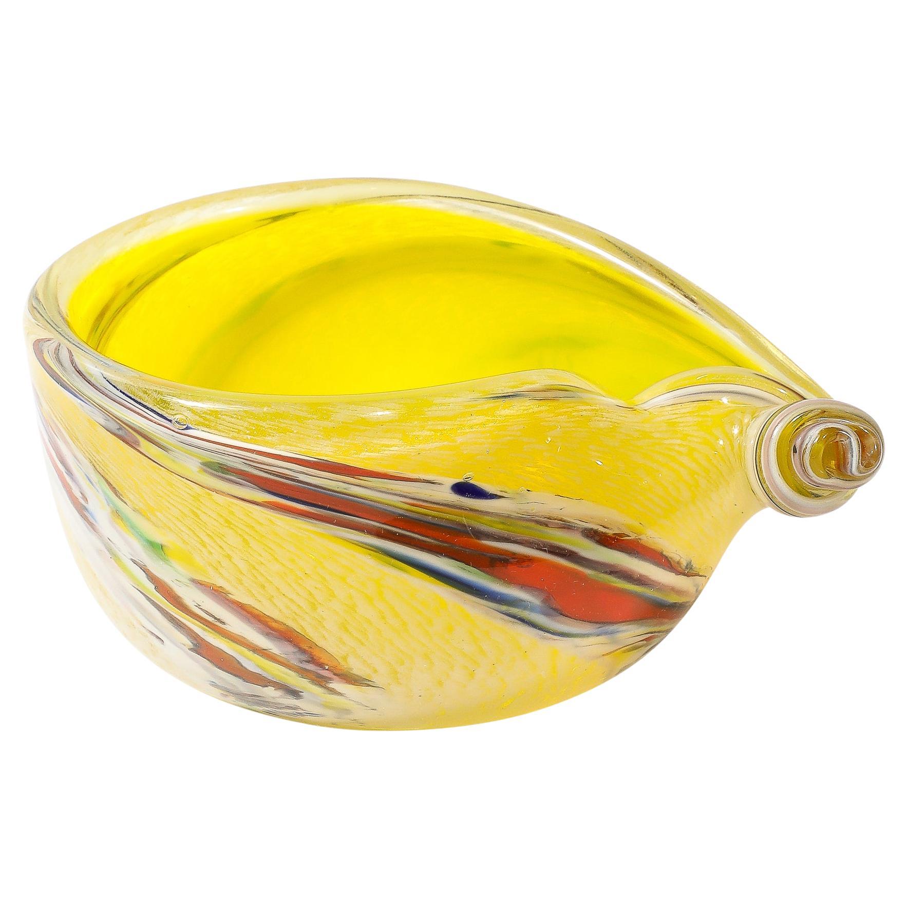 Mid-Century Modernist Hand-Blown Murano Glass Shell Form Bowl in Lemon Yellow For Sale
