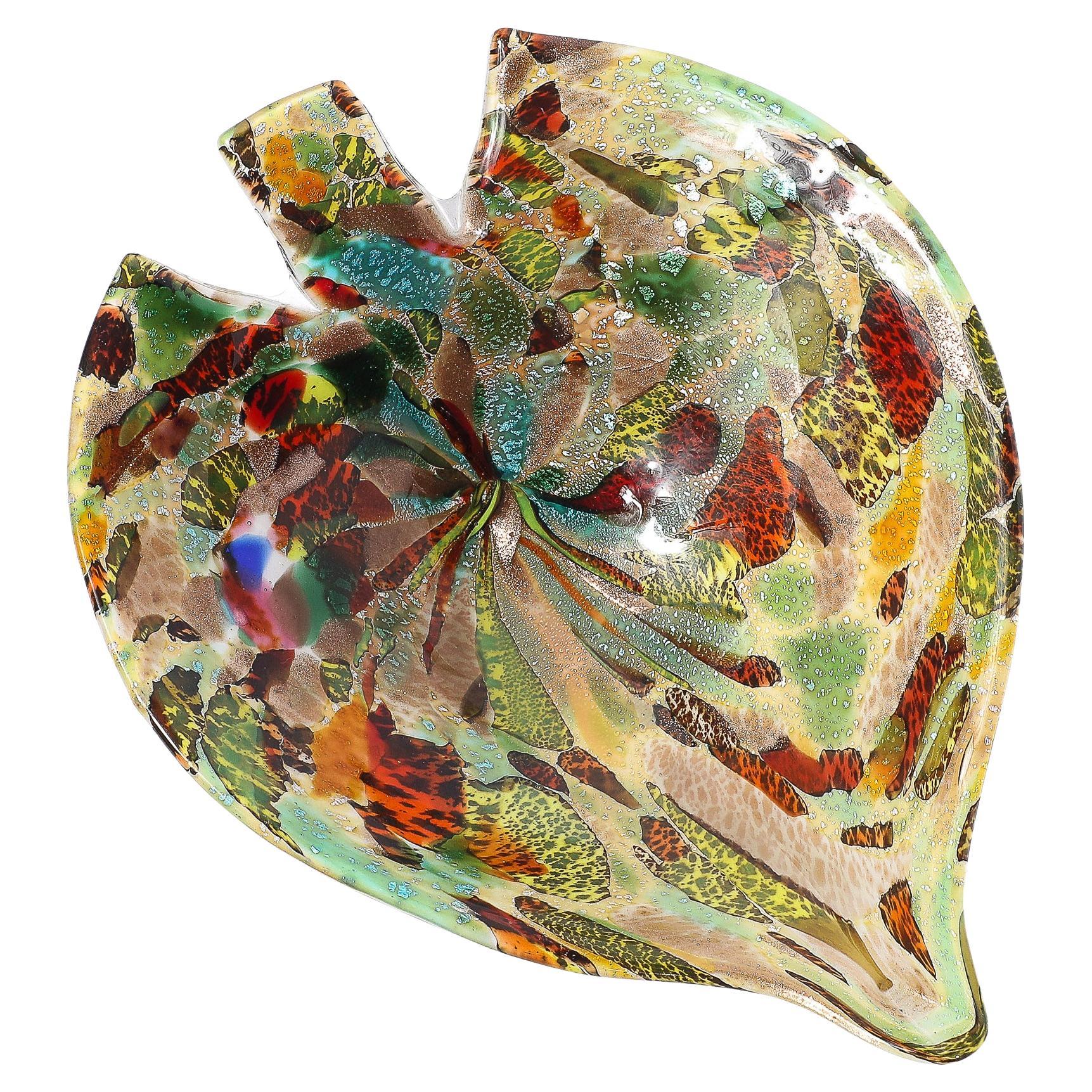 Mid-Century Modernist Hand-Blown Murano Glass Tutti Frutti Leaf Form Dish For Sale