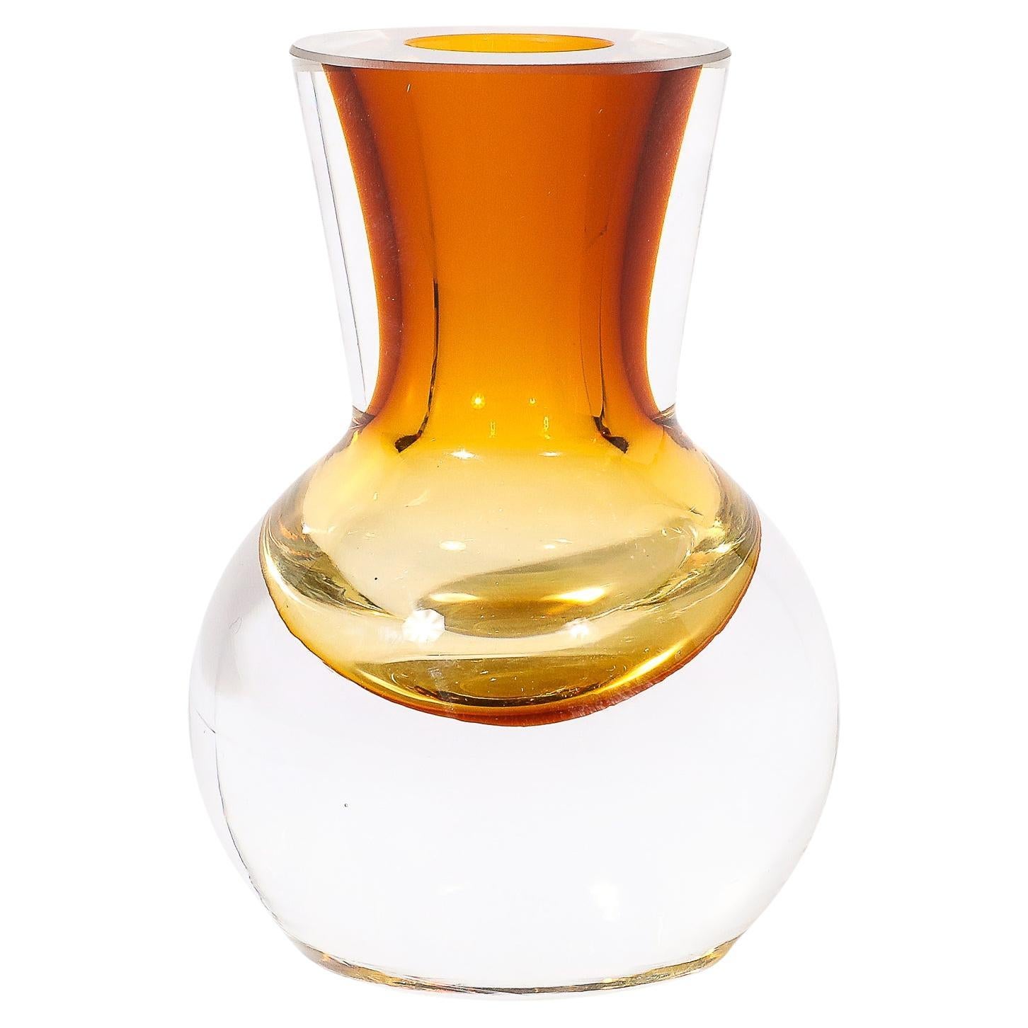 Mid-Century Modernist Hand-Blown Murano Glass Vase in Amber For Sale