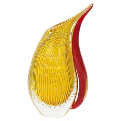 Mid-Century Modernist Hand-Blown Teardrop Form Glass Vase in Yellow and Scarlet