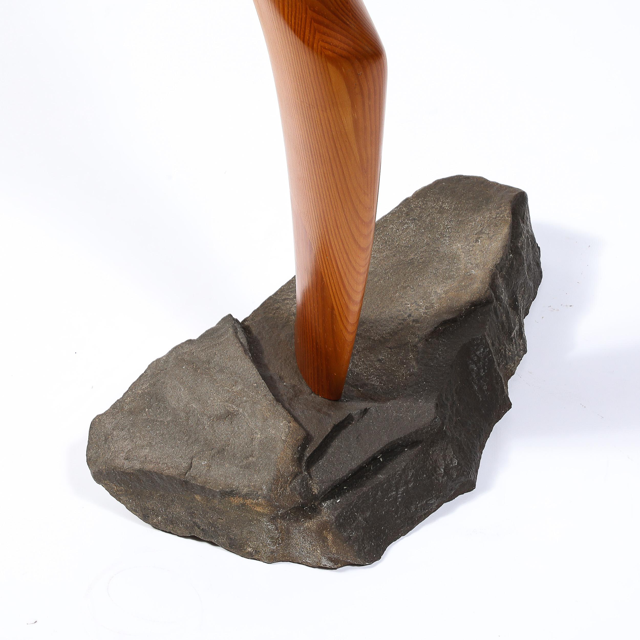 Mid-Century Modernist Hand-Carved Organic Wood and Stone Sculpture For Sale 6