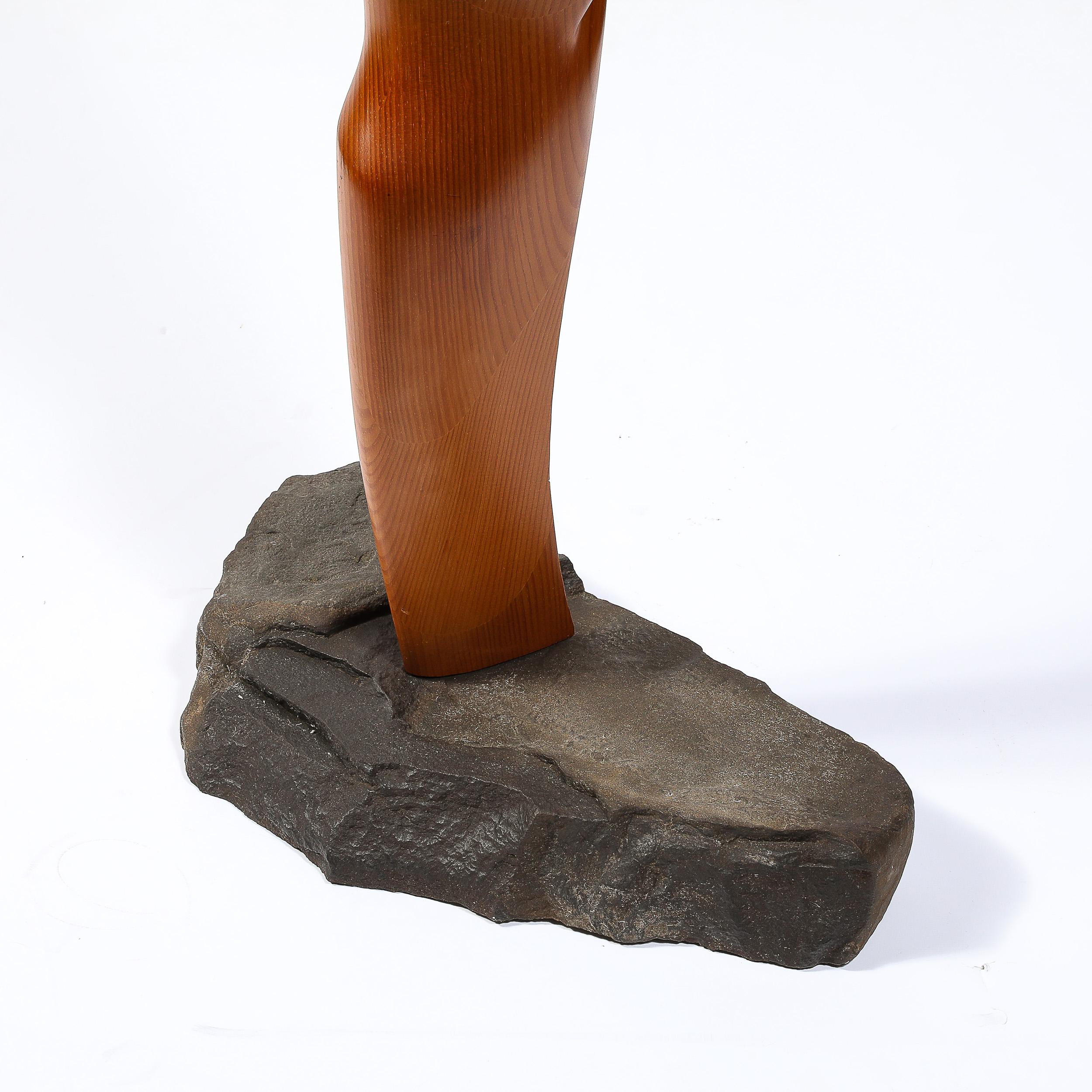 Mid-Century Modernist Hand-Carved Organic Wood and Stone Sculpture For Sale 9