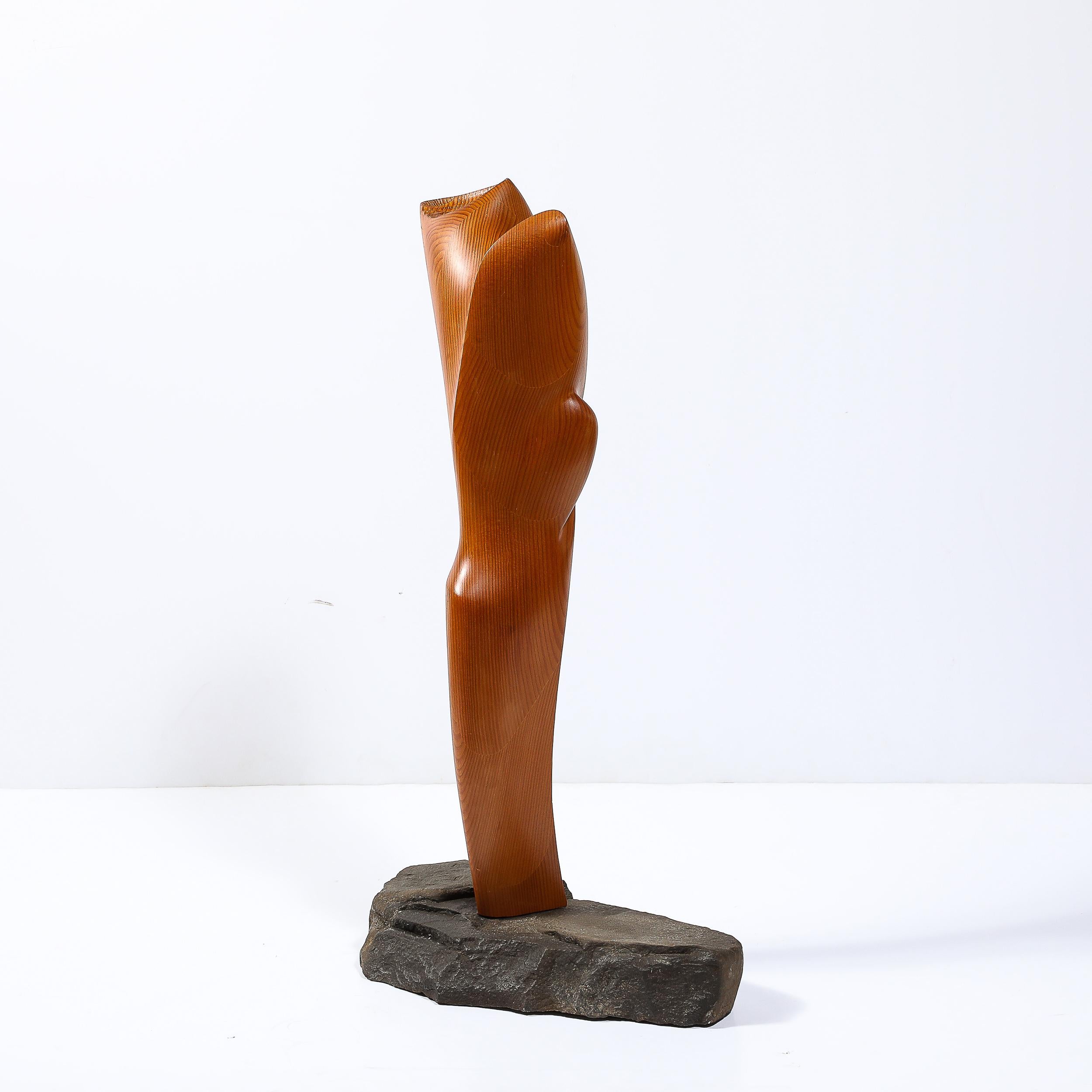 Mid-20th Century Mid-Century Modernist Hand-Carved Organic Wood and Stone Sculpture For Sale