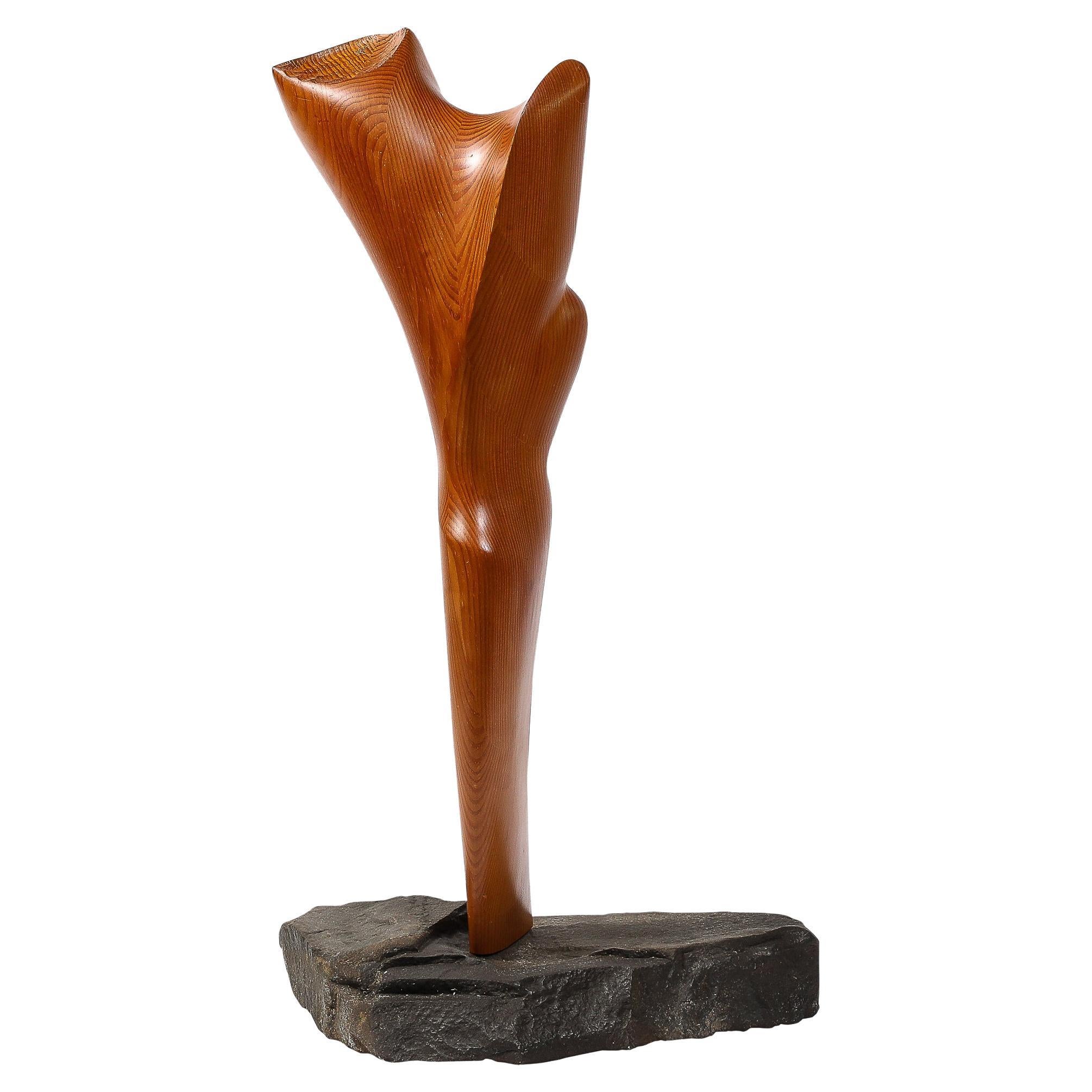 Mid-Century Modernist Hand-Carved Organic Wood and Stone Sculpture For Sale