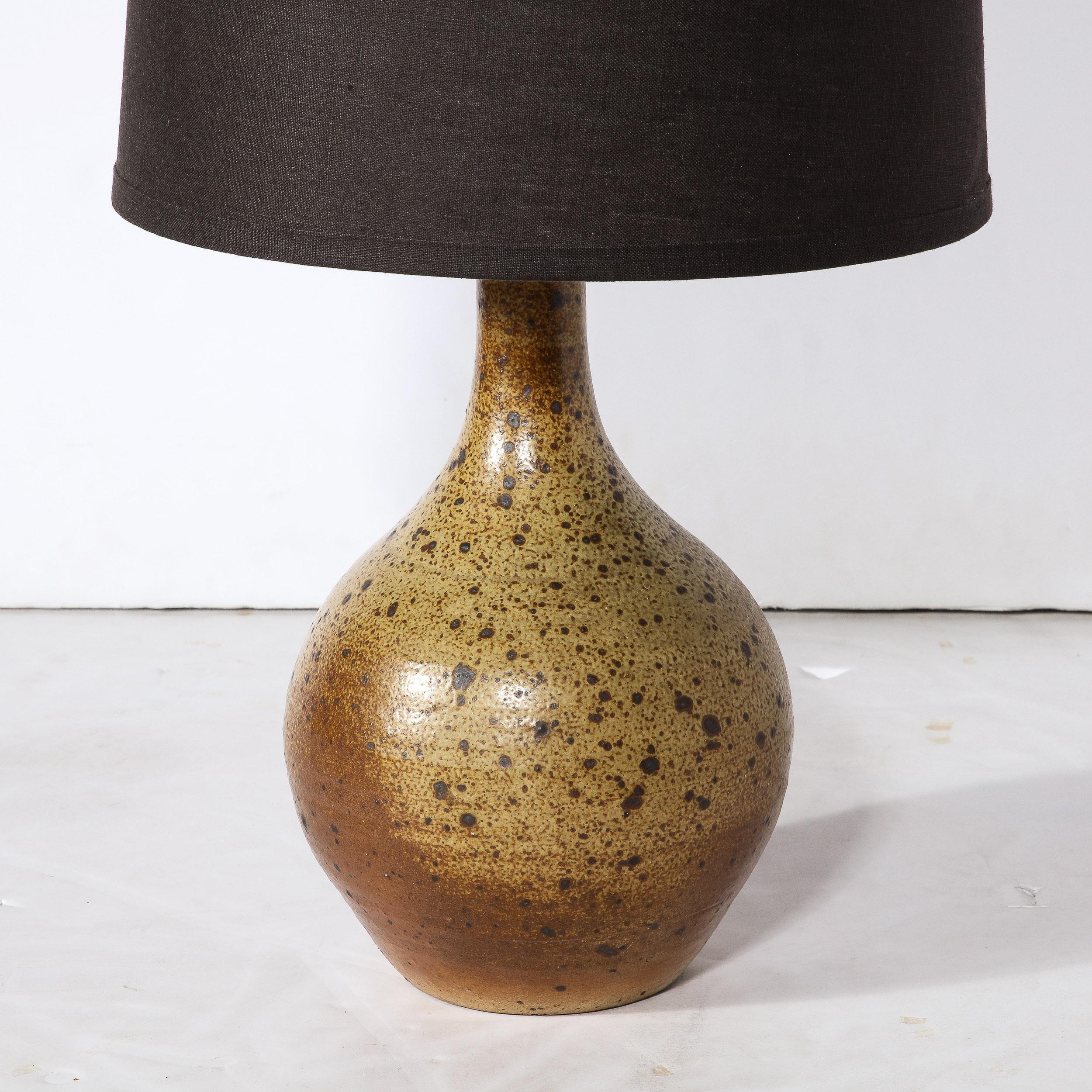 French Mid-Century Modernist Hand-Glazed Ceramic Table Lamp w/ Speckled Volcanic Detail For Sale