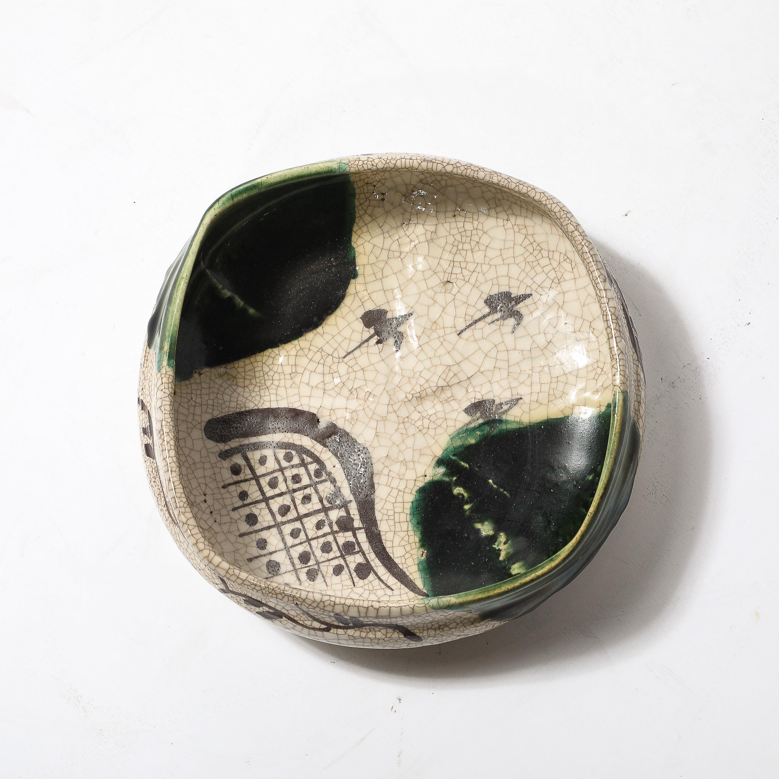 Mid-Century Modernist Hand-Painted Green Ceramic Oribe Bowl For Sale 5