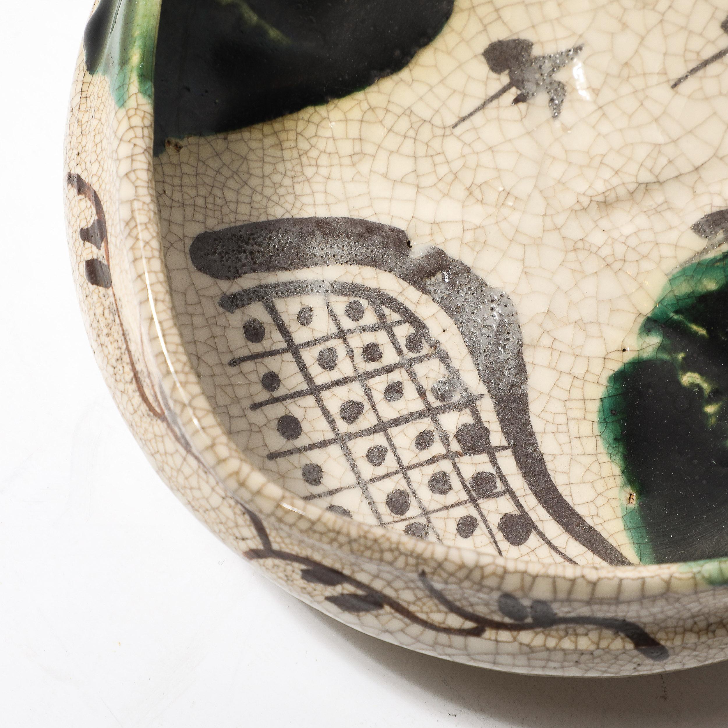 Mid-Century Modernist Hand-Painted Green Ceramic Oribe Bowl For Sale 7