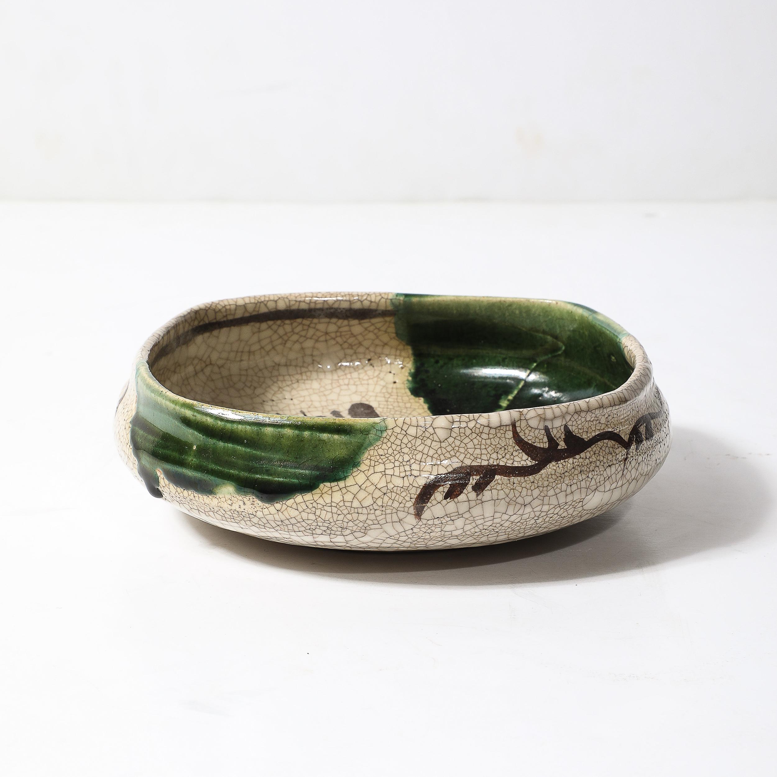 Mid-Century Modernist Hand-Painted Green Ceramic Oribe Bowl For Sale 1