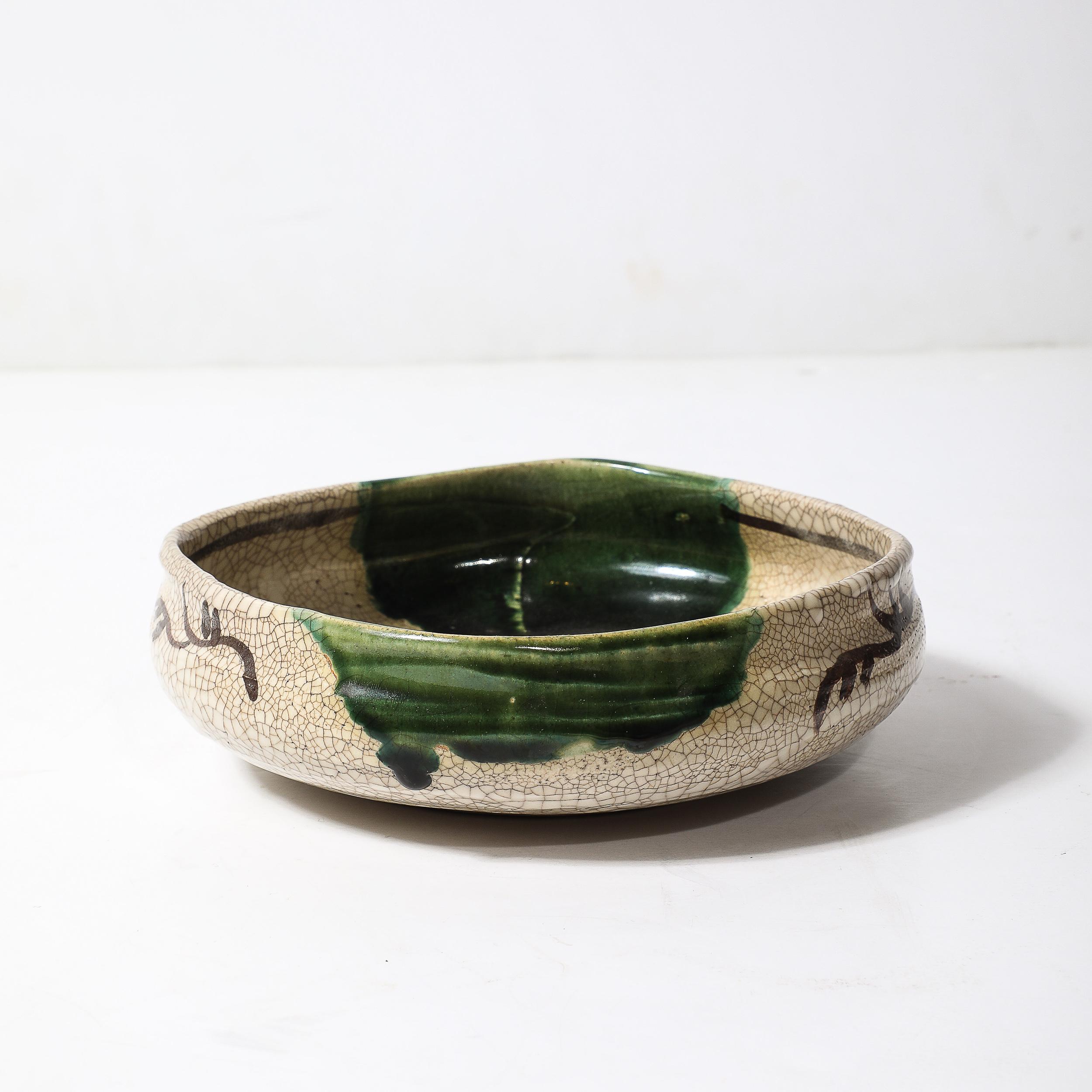 Mid-Century Modernist Hand-Painted Green Ceramic Oribe Bowl For Sale 2