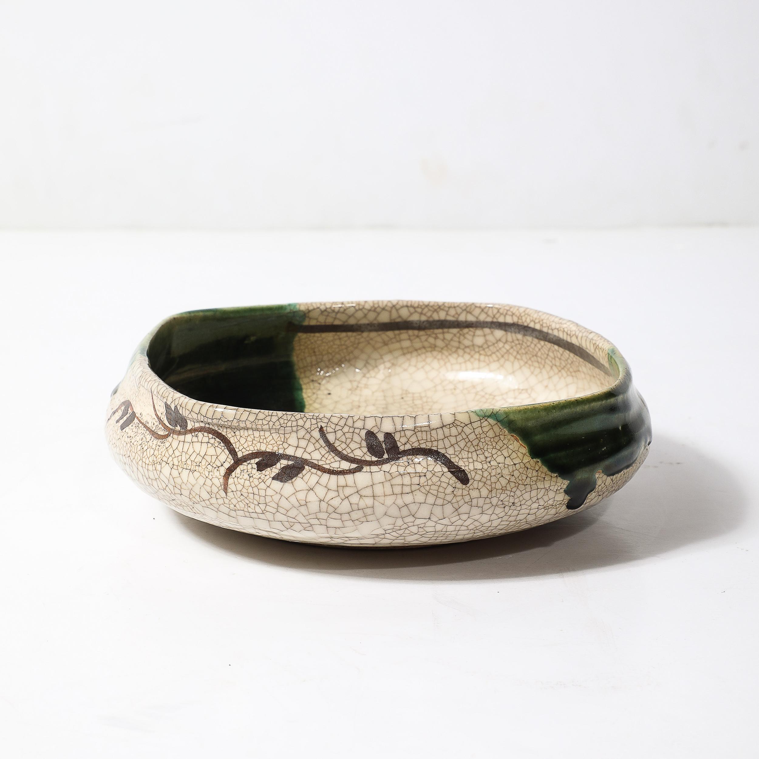 Mid-Century Modernist Hand-Painted Green Ceramic Oribe Bowl For Sale 3