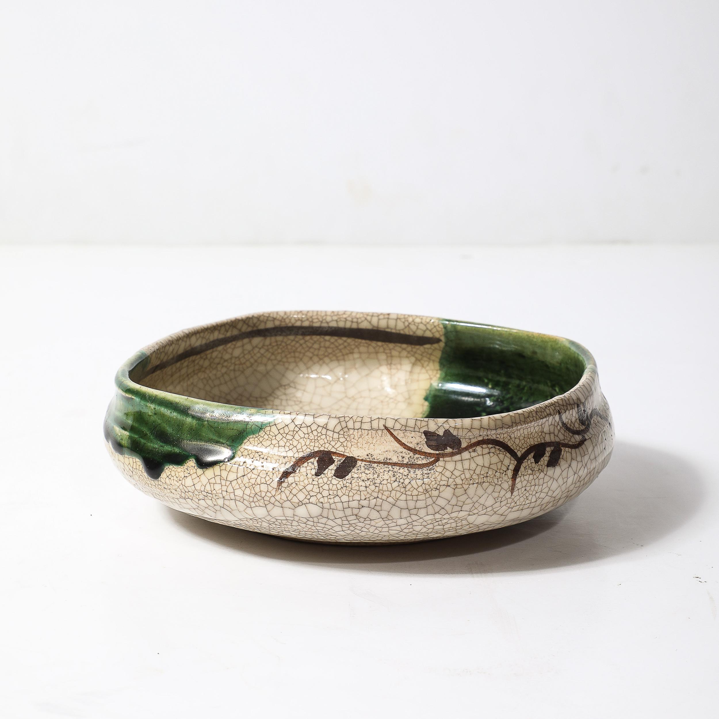Mid-Century Modernist Hand-Painted Green Ceramic Oribe Bowl For Sale 4