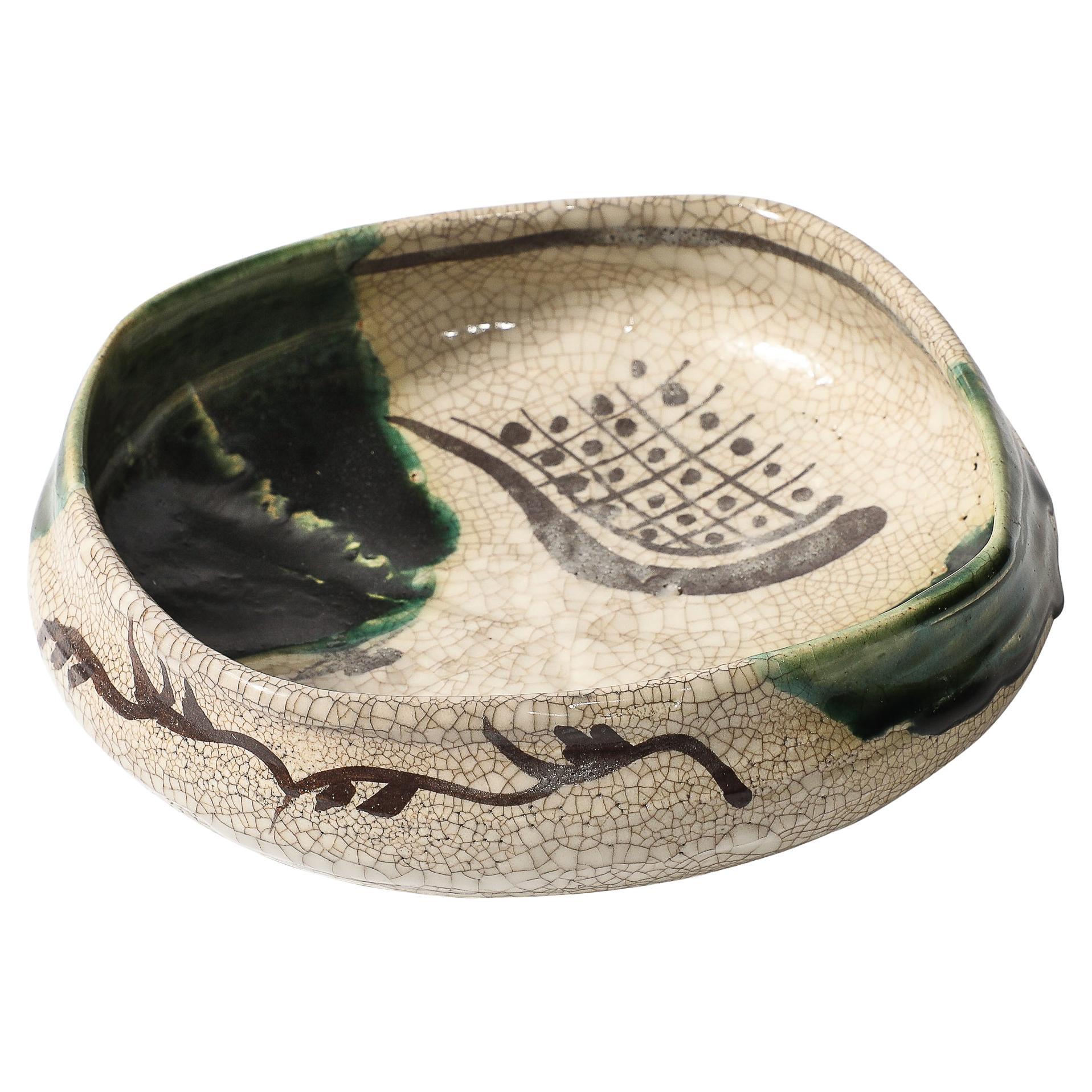 Mid-Century Modernist Hand-Painted Green Ceramic Oribe Bowl