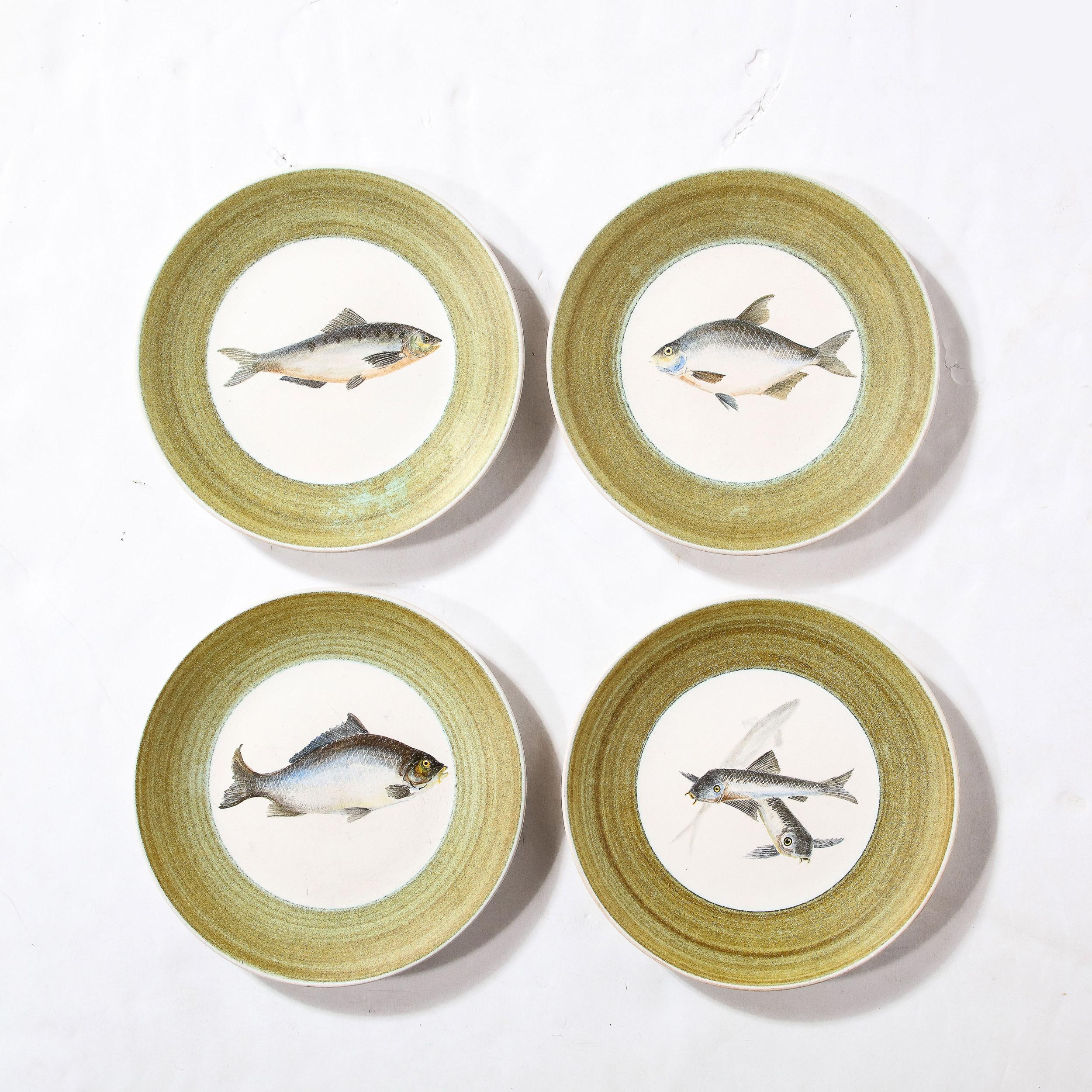 Mid-Century Modernist Hand-Painted Oceanic Ceramic Plate Set by Marcel Guillot In Excellent Condition For Sale In New York, NY