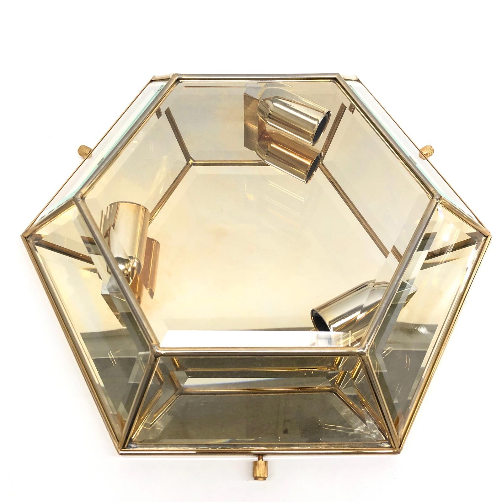 German Mid-Century Modernist Hexagonal Flush Mount Brass and Glass For Sale