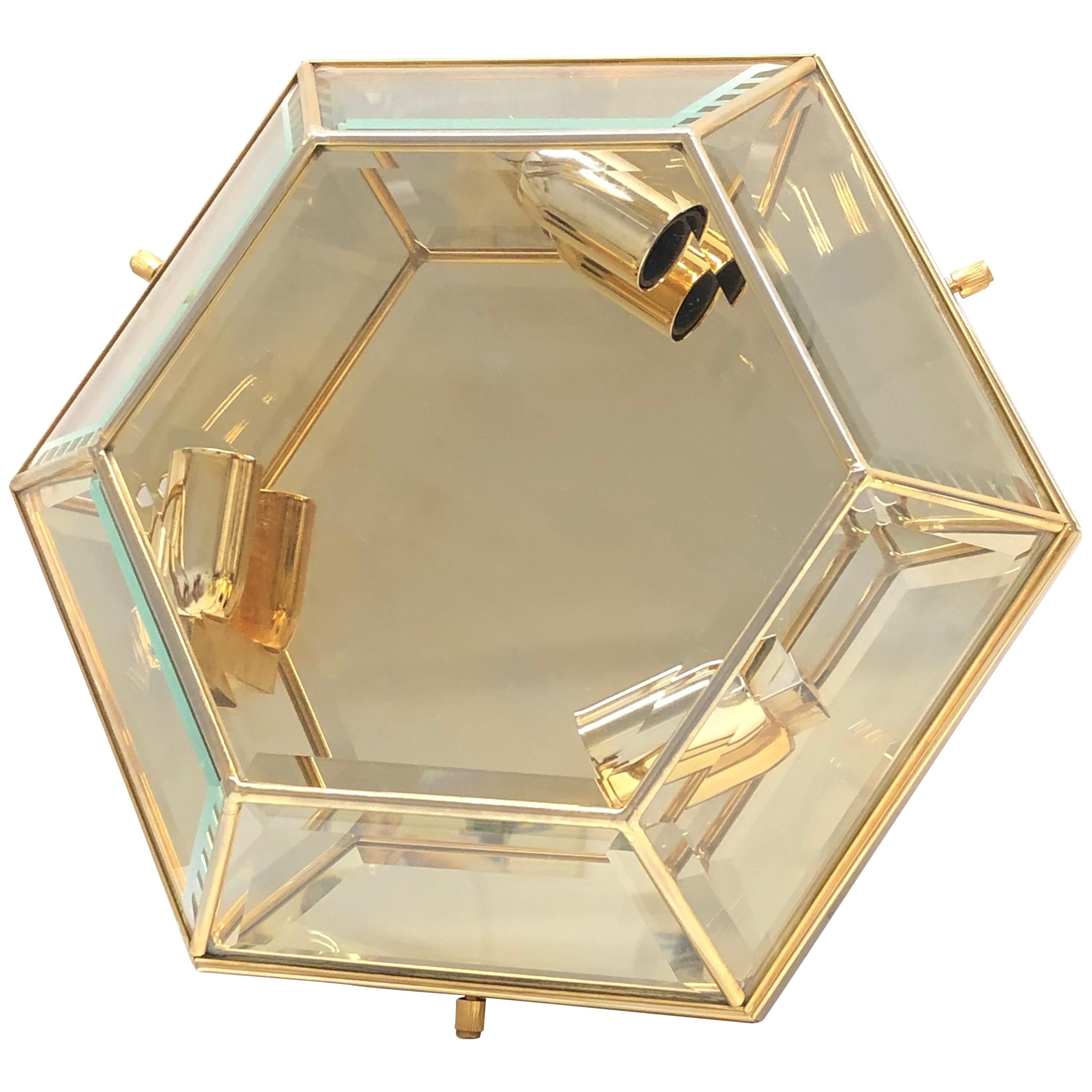 Mid-Century Modernist Hexagonal Flush Mount Brass and Glass For Sale
