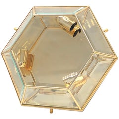Vintage Mid-Century Modernist Hexagonal Flush Mount Brass and Glass