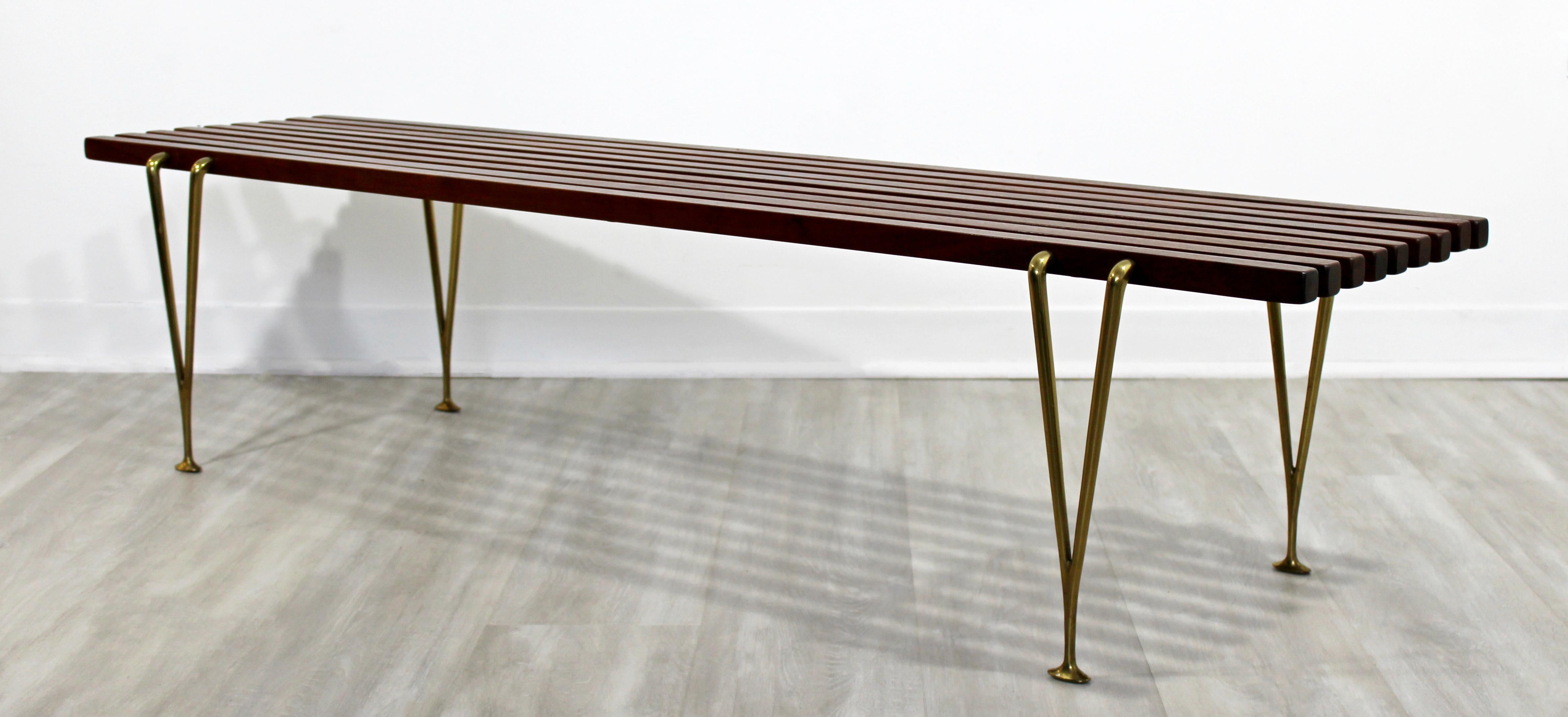 Mid-Century Modernist Hugh Acton Cherry Wood Brass Coffee Table Bench Seat In Good Condition In Keego Harbor, MI