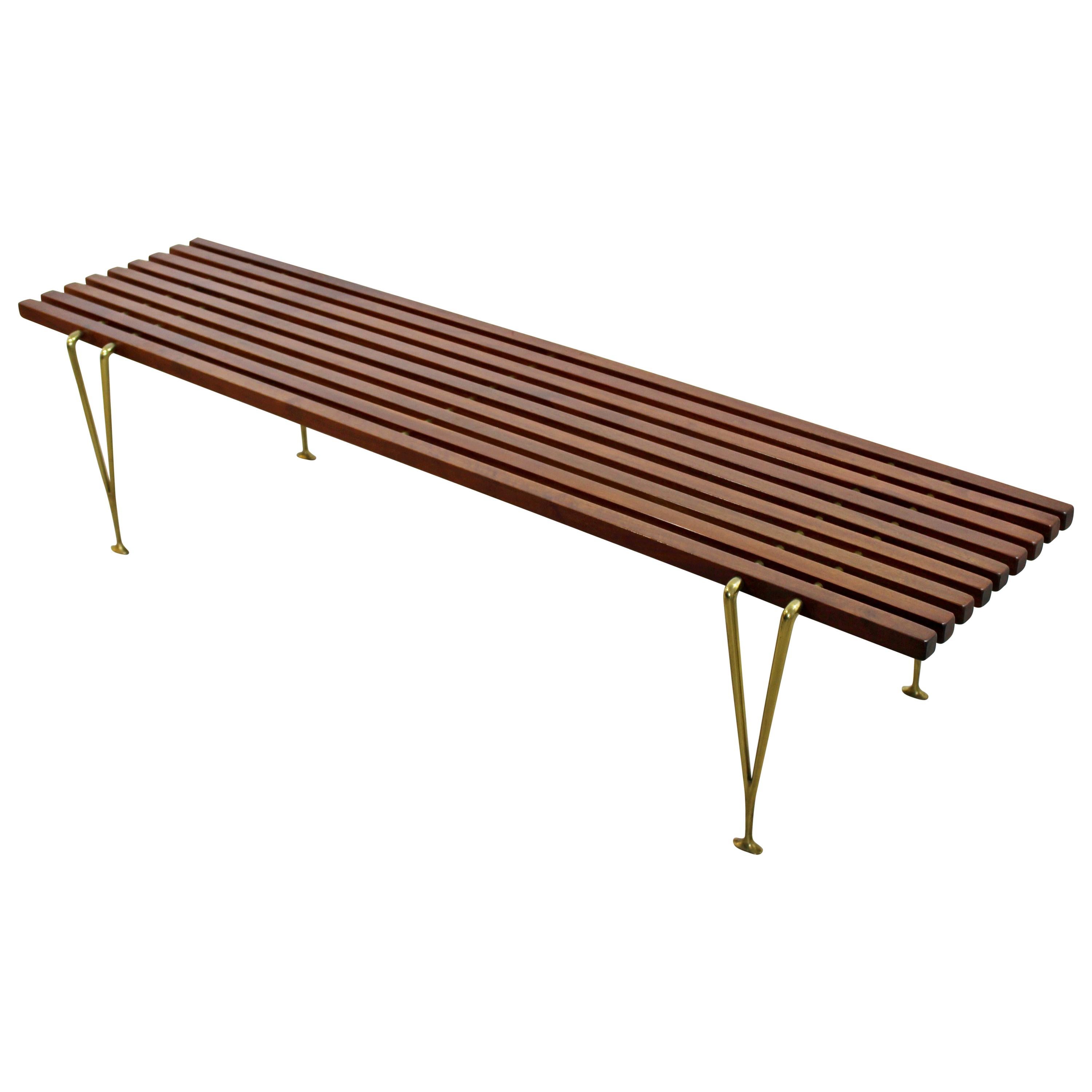 Mid-Century Modernist Hugh Acton Cherry Wood Brass Coffee Table Bench Seat