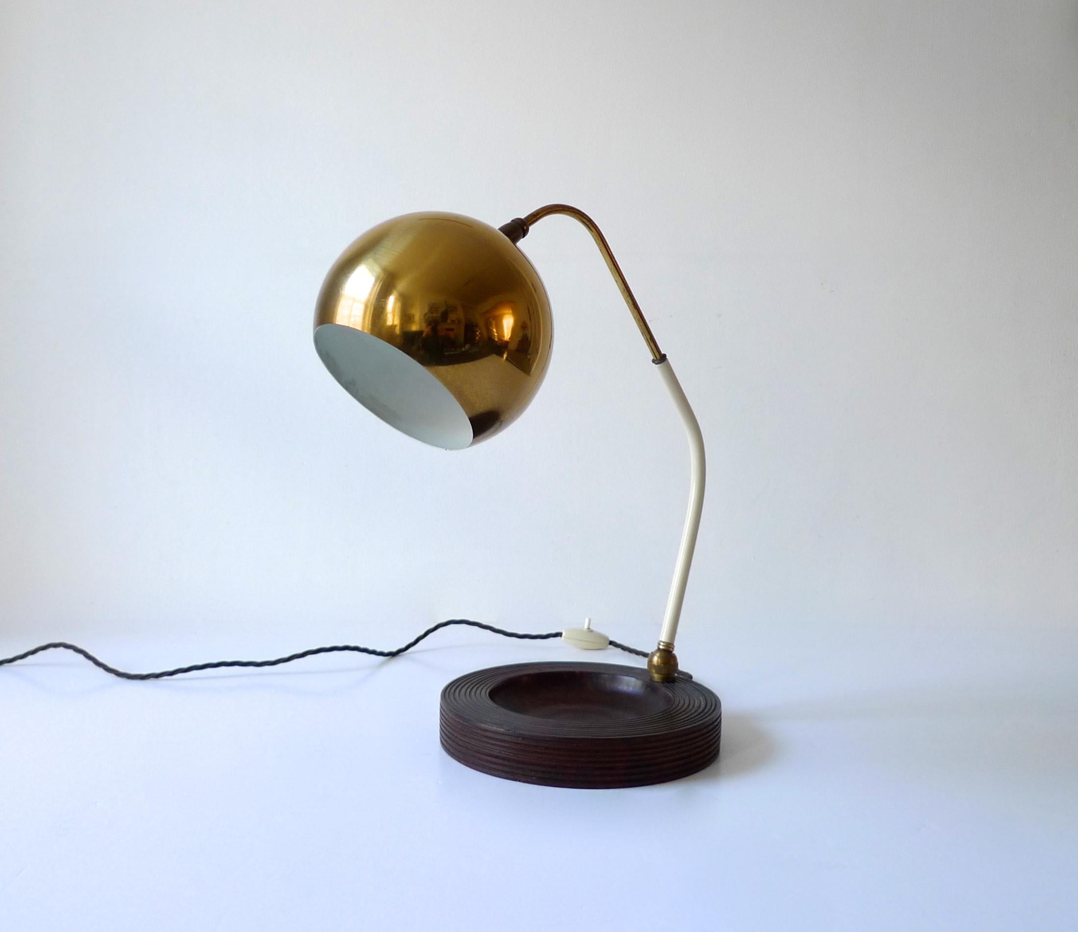 20th Century Mid-Century Modernist Italian Brass & Burl Table Lamp, 1950s