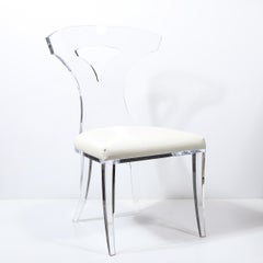 Mid-Century Modernist Klismos Lucite Chair W/ White Leather Upholstery