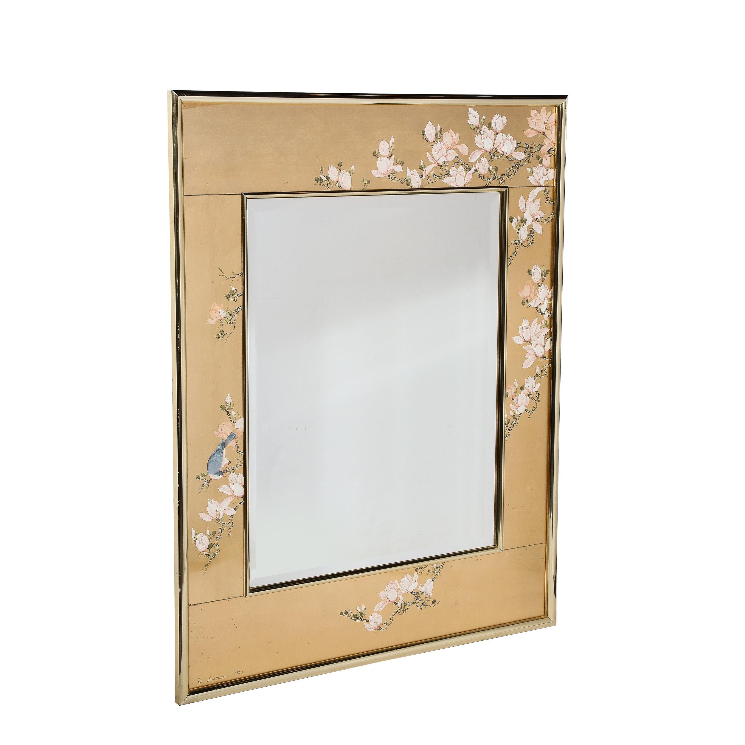 This stunning Mid-Century Modernist Labarge Mirror in Gilt Eglomise and Brass signed J. Jacobusse originates from the United States in 1988. A beautiful example of it exquisite craftsmanship glamorous use of materials, this mirror features a