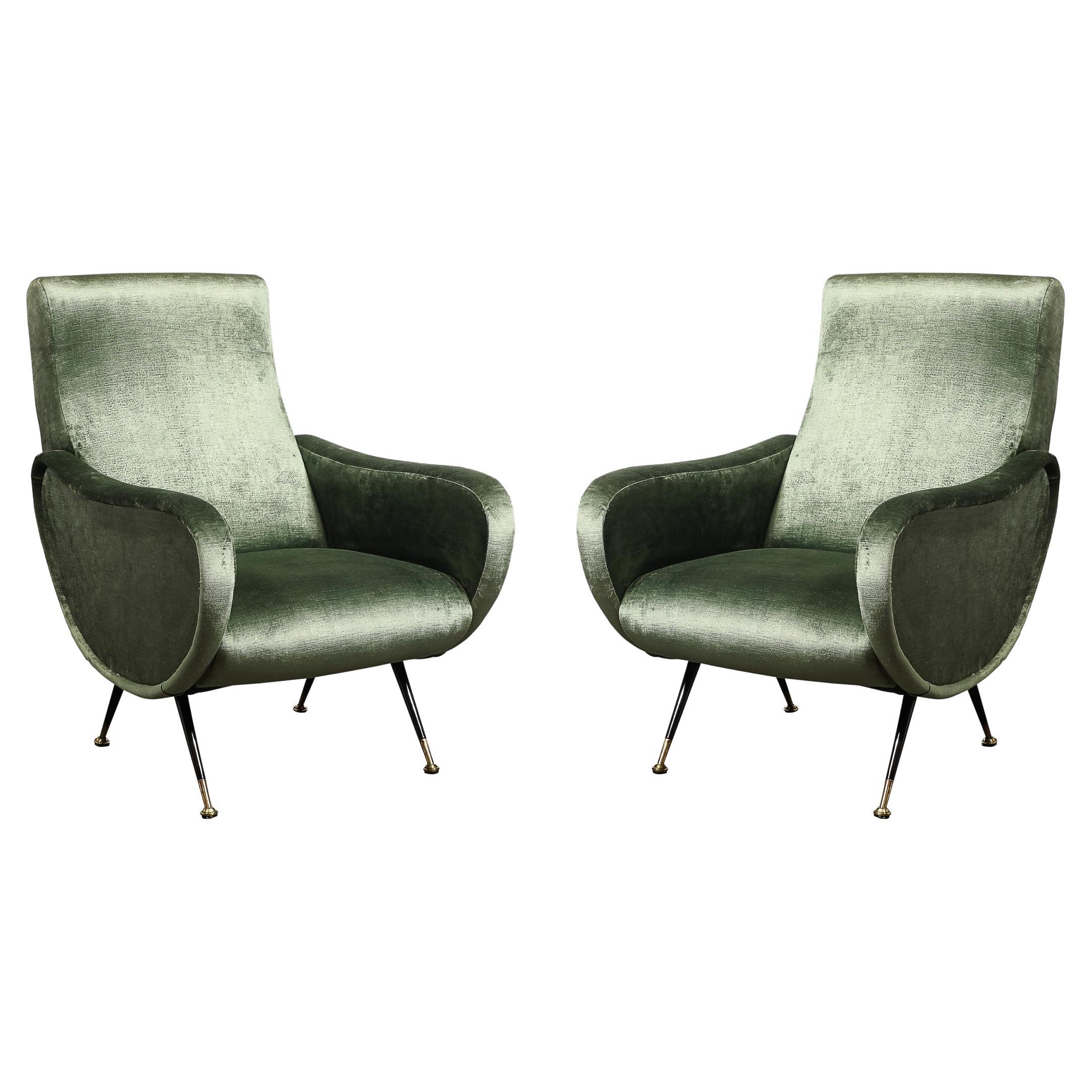 Sillones modernistas de mediados de siglo en terciopelo de eucalipto de Marco Zanuso en venta