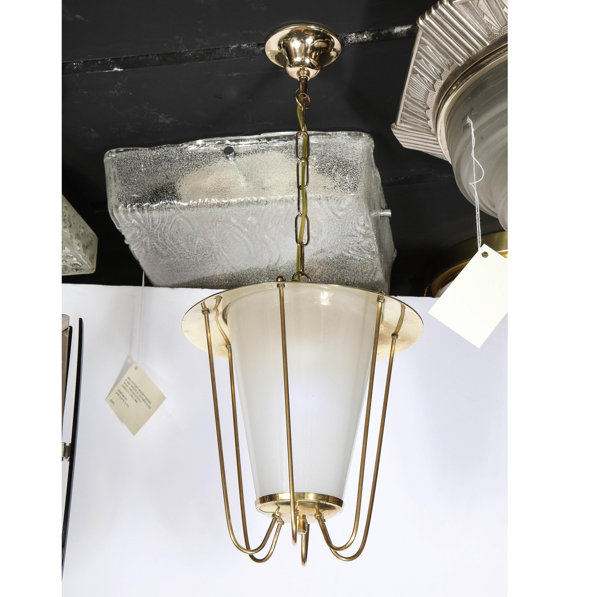 Mid-Century Modernist Lantern Chandelier in Brass and Frosted Glass  For Sale 4