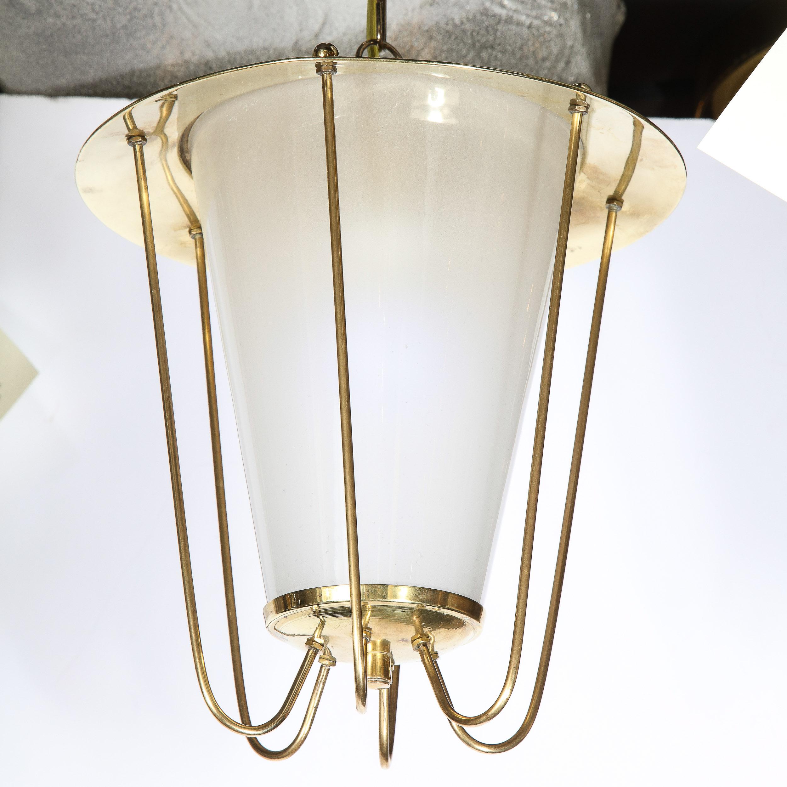 Mid-Century Modernist Lantern Chandelier in Brass and Frosted Glass  For Sale 5