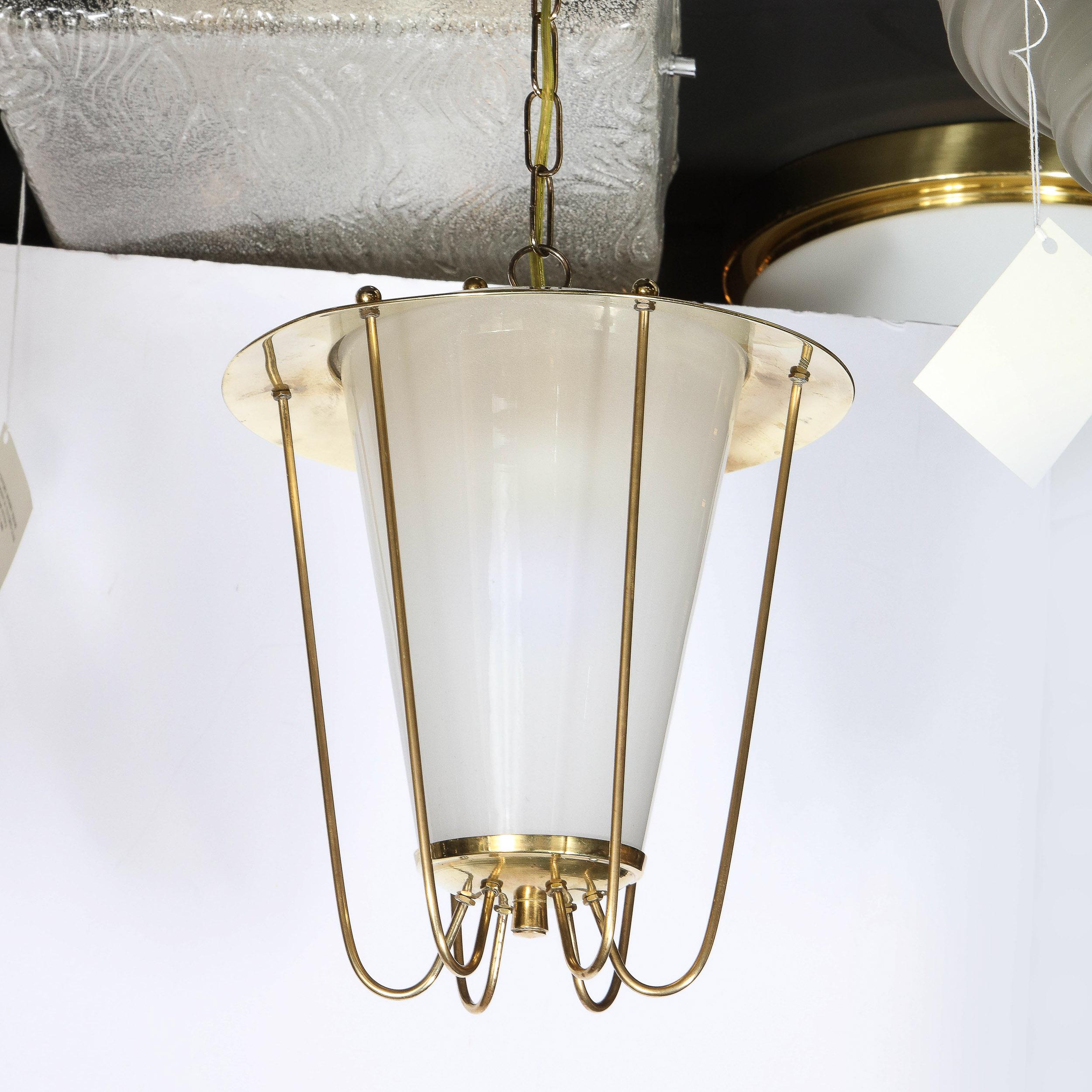 Mid-Century Modernist Lantern Chandelier in Brass and Frosted Glass  For Sale 6