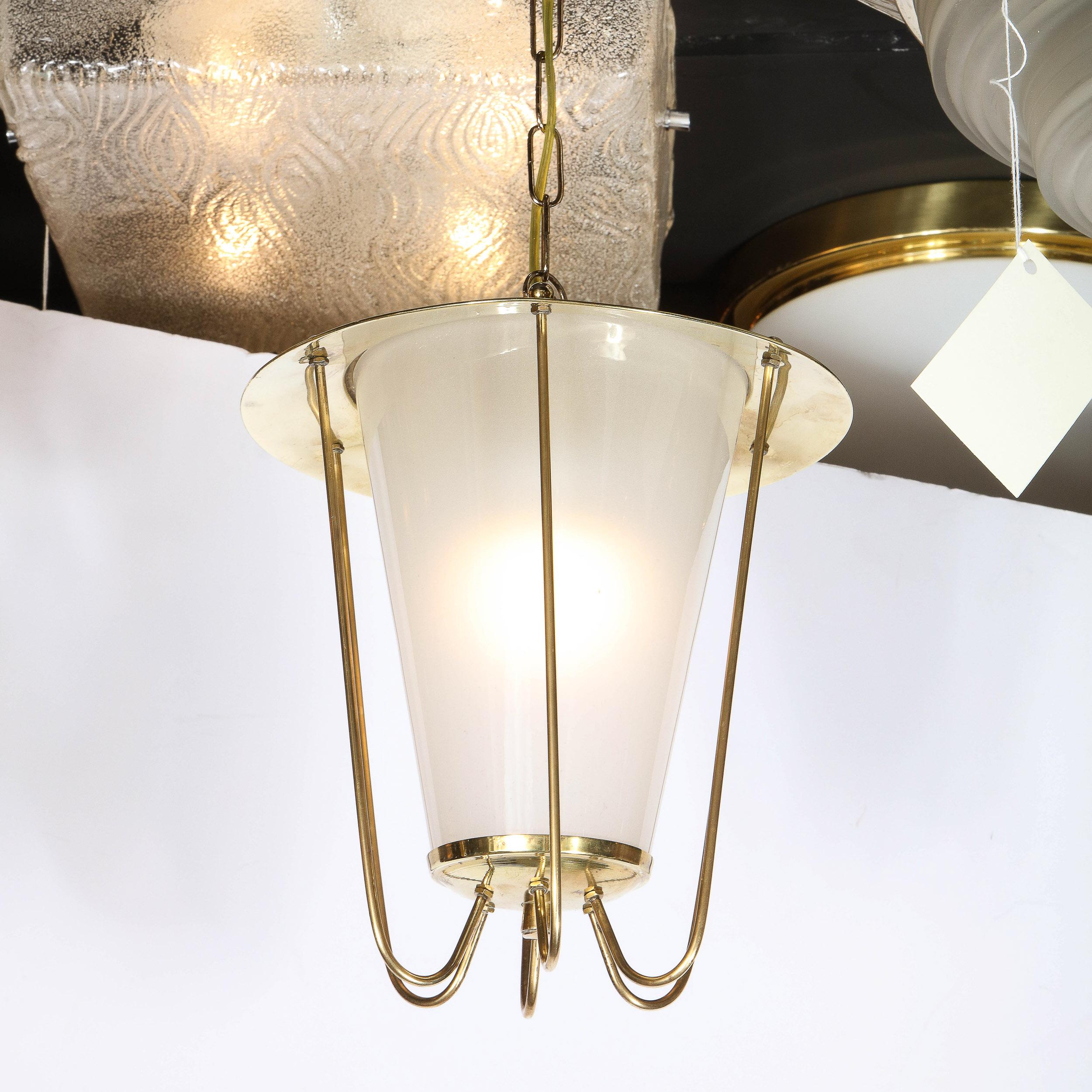 Italian Mid-Century Modernist Lantern Chandelier in Brass and Frosted Glass  For Sale