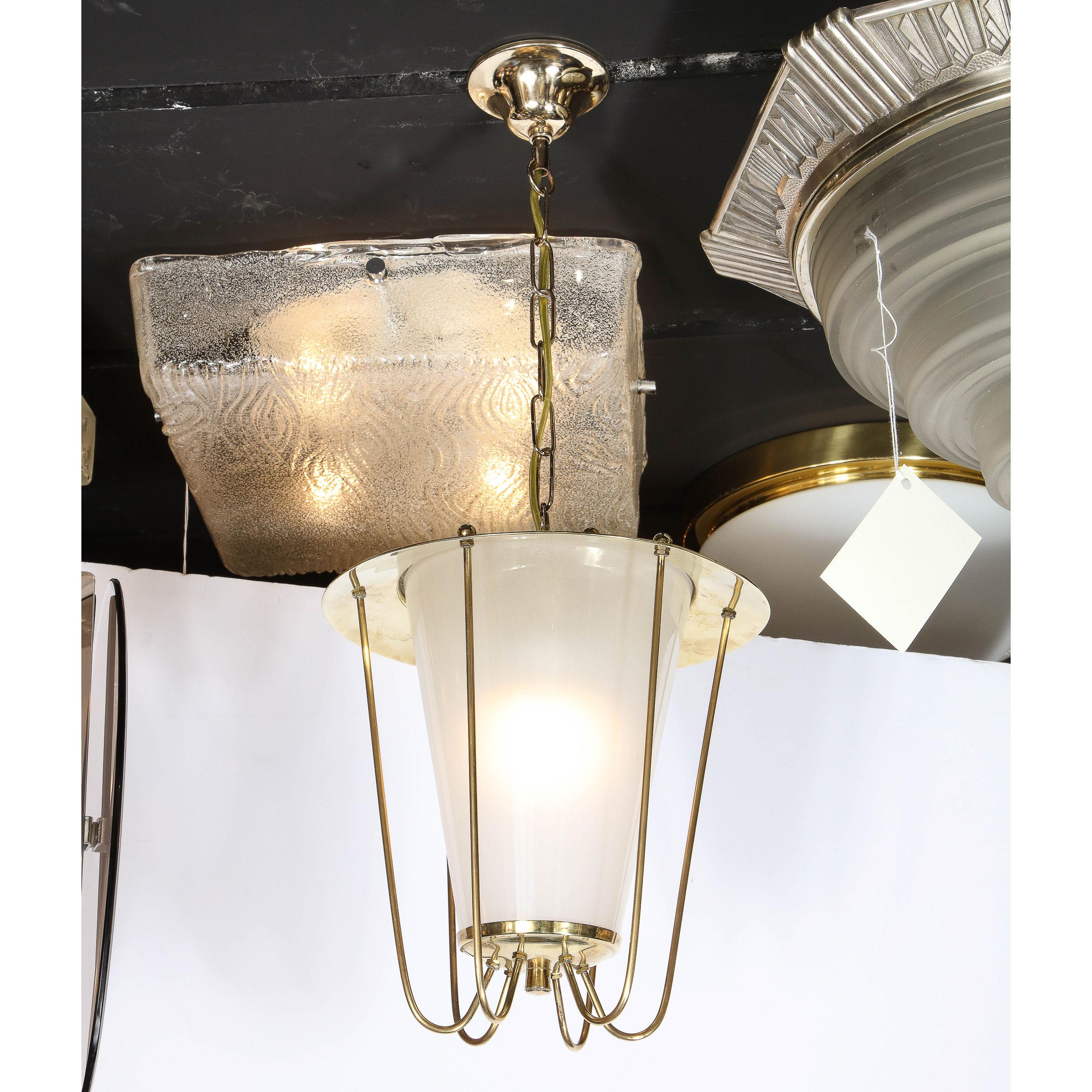 Mid-Century Modernist Lantern Chandelier in Brass and Frosted Glass  In Excellent Condition For Sale In New York, NY