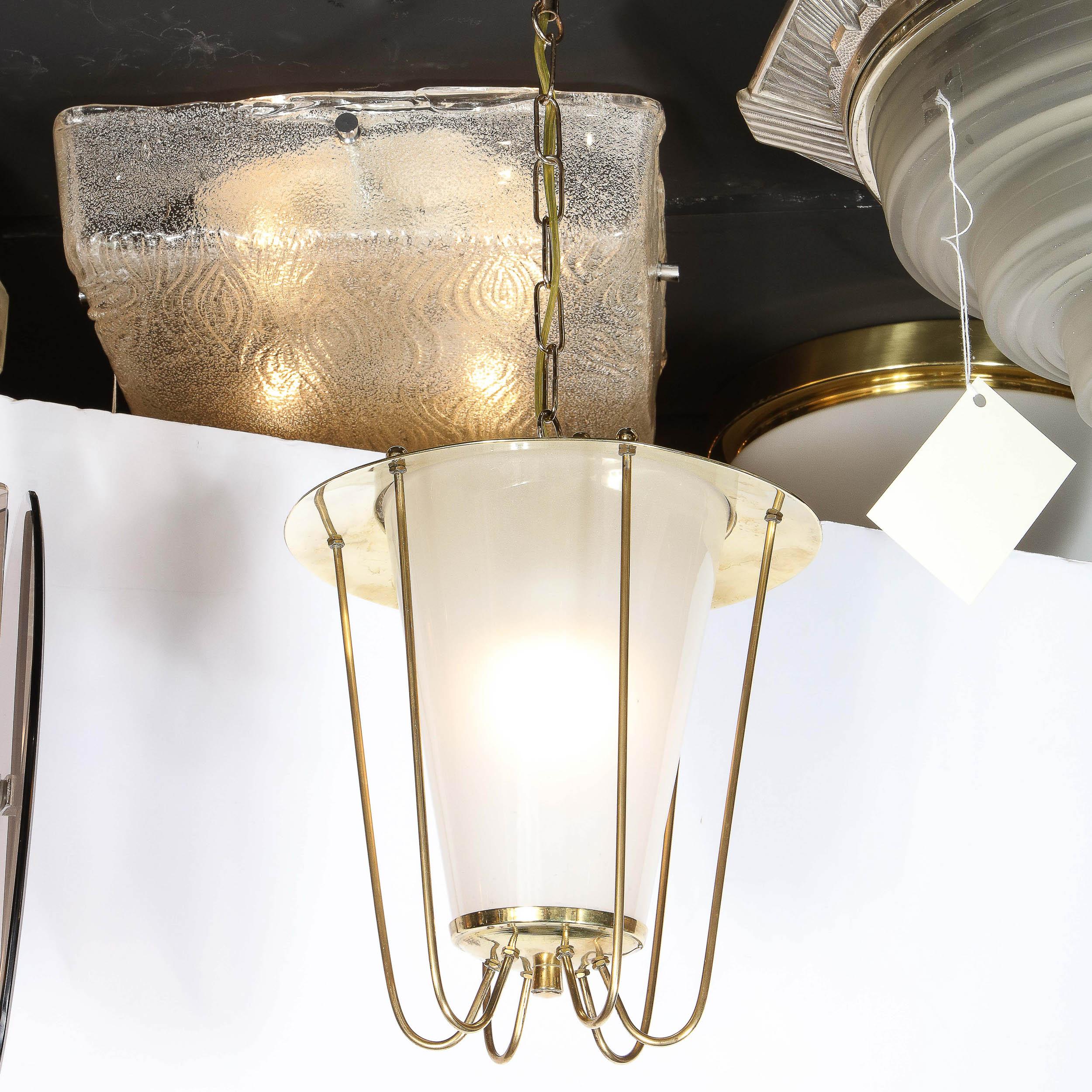 Mid-20th Century Mid-Century Modernist Lantern Chandelier in Brass and Frosted Glass  For Sale