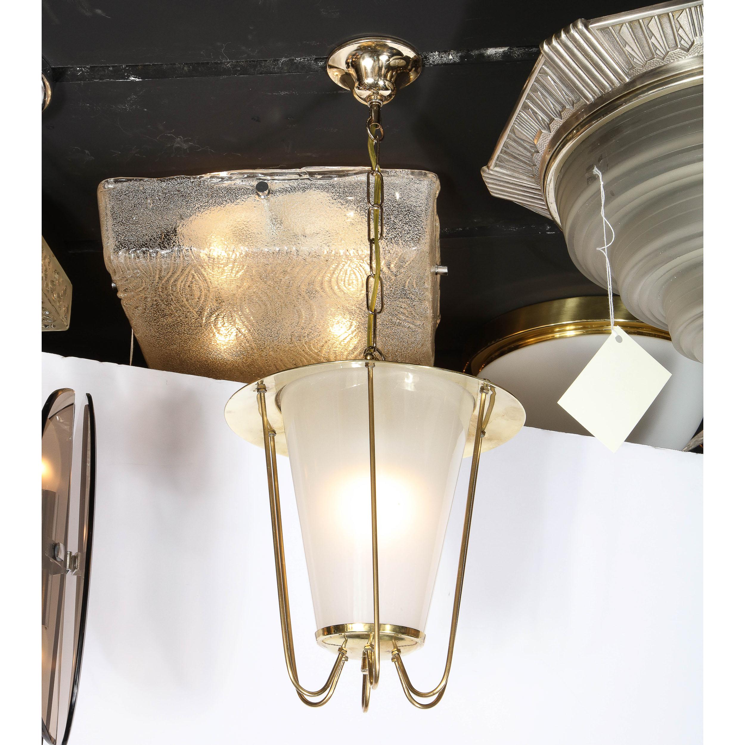 Mid-Century Modernist Lantern Chandelier in Brass and Frosted Glass  For Sale 1