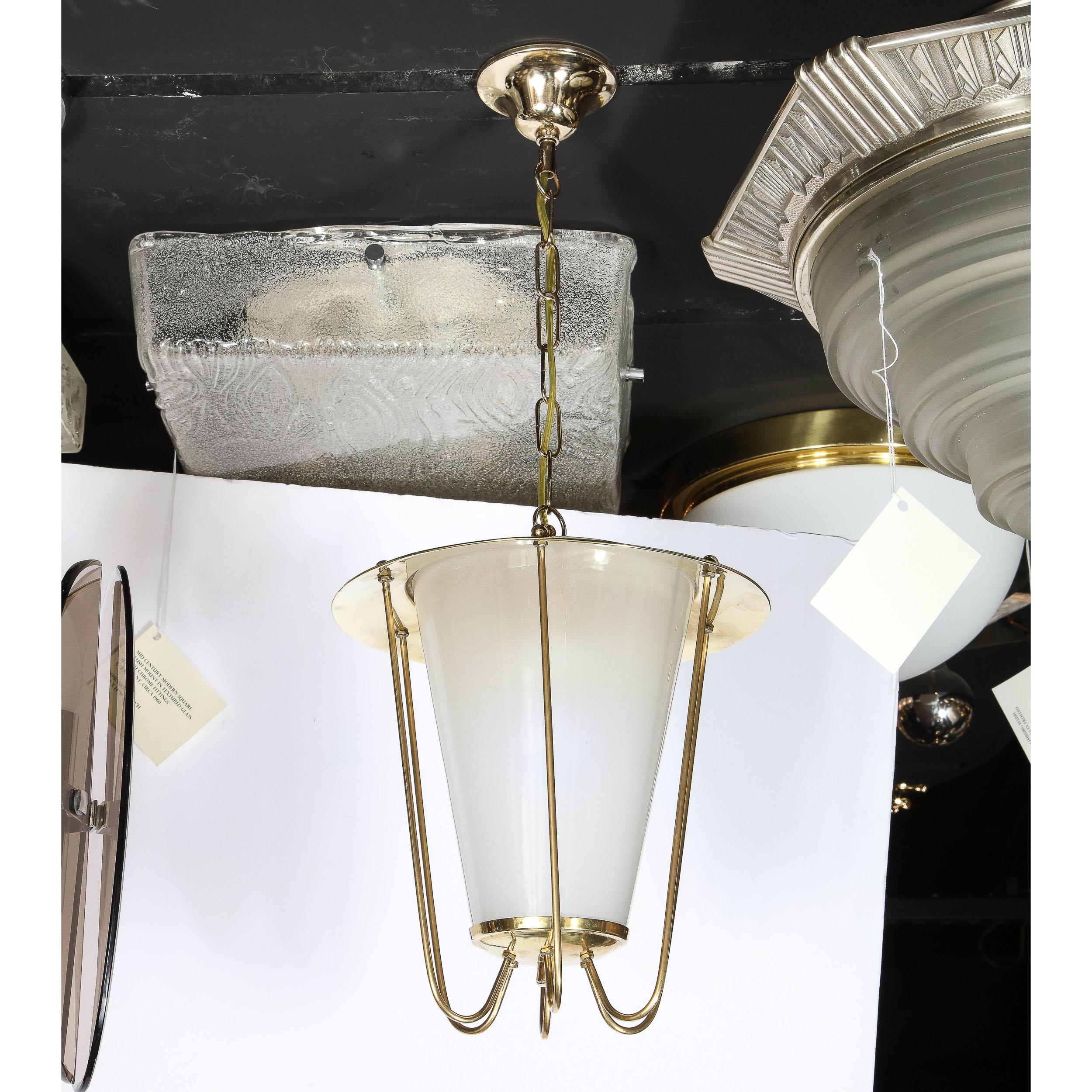 Mid-Century Modernist Lantern Chandelier in Brass and Frosted Glass  For Sale 2
