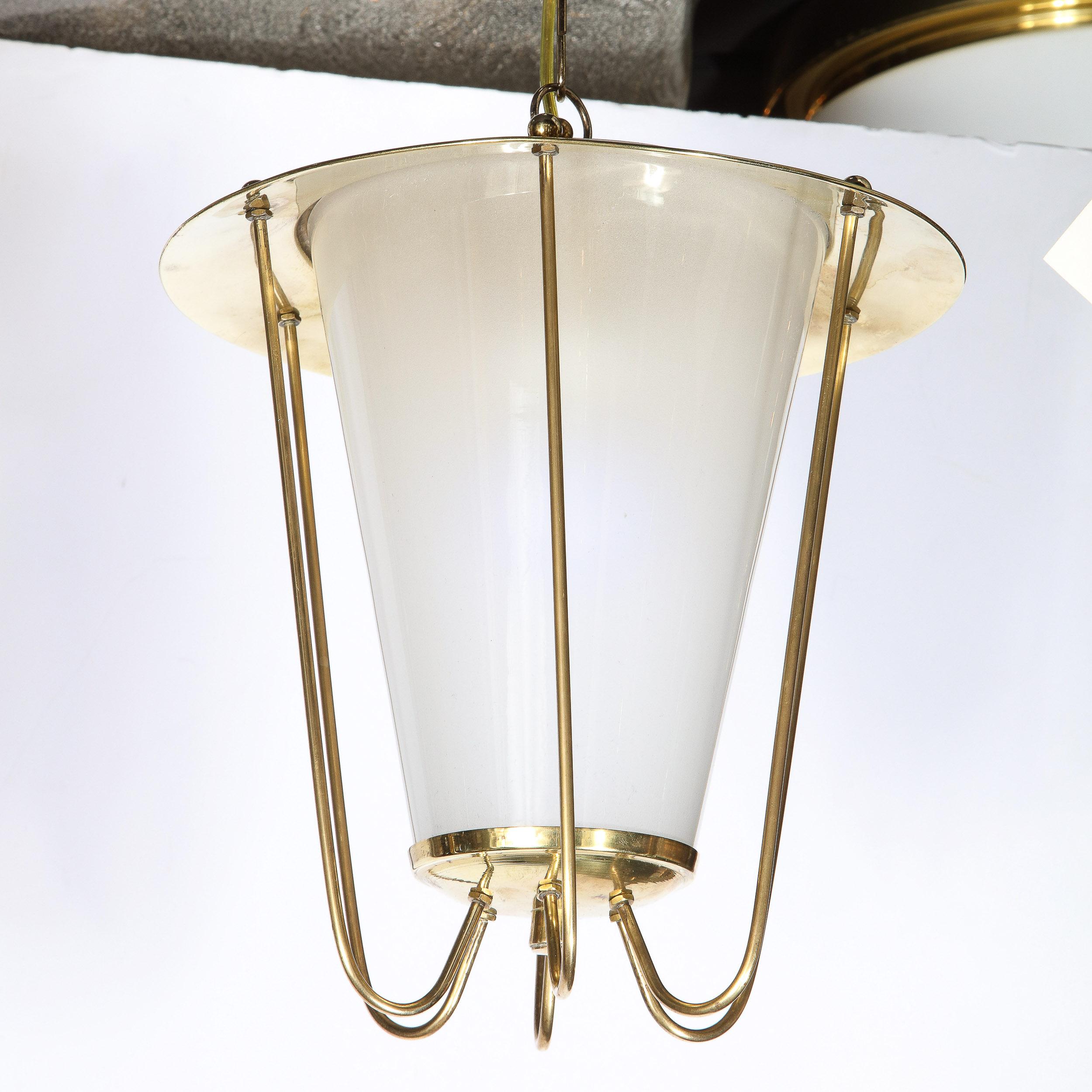 Mid-Century Modernist Lantern Chandelier in Brass and Frosted Glass  For Sale 3