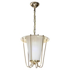Mid-Century Modernist Lantern Chandelier in Brass and Frosted Glass 