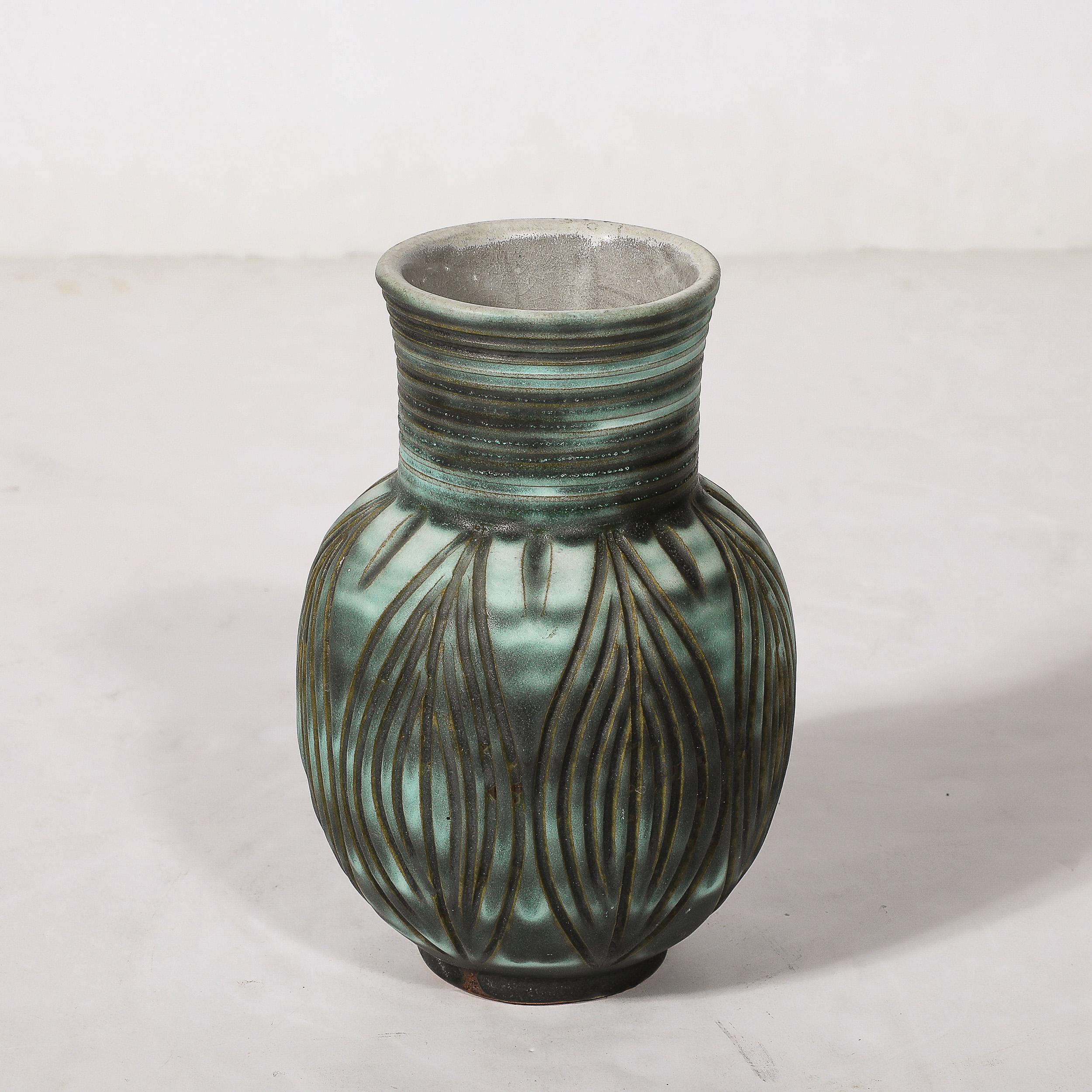 American Mid-Century Modernist Linear Grooved Teal/Smoked Umber Vase by Design Techniques For Sale