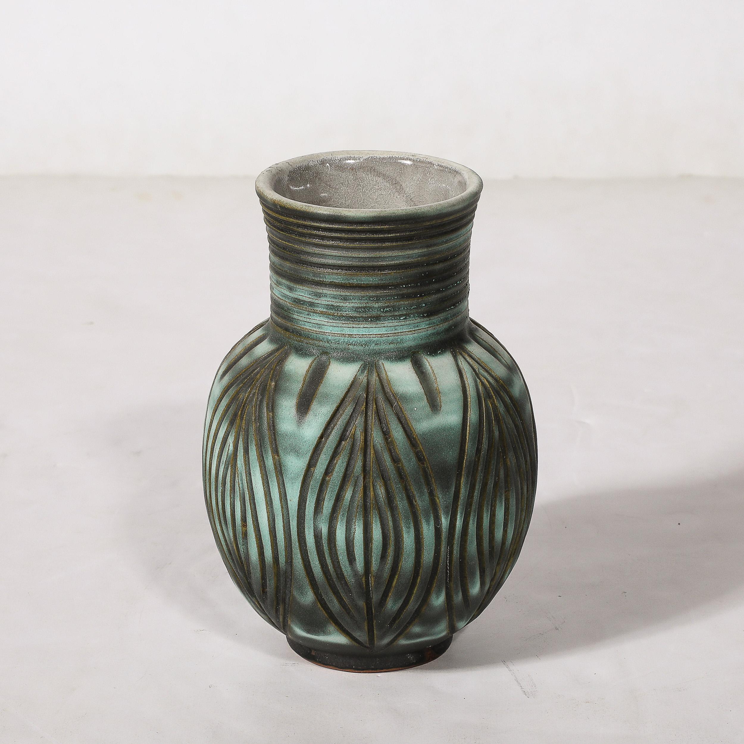 Glazed Mid-Century Modernist Linear Grooved Teal/Smoked Umber Vase by Design Techniques For Sale