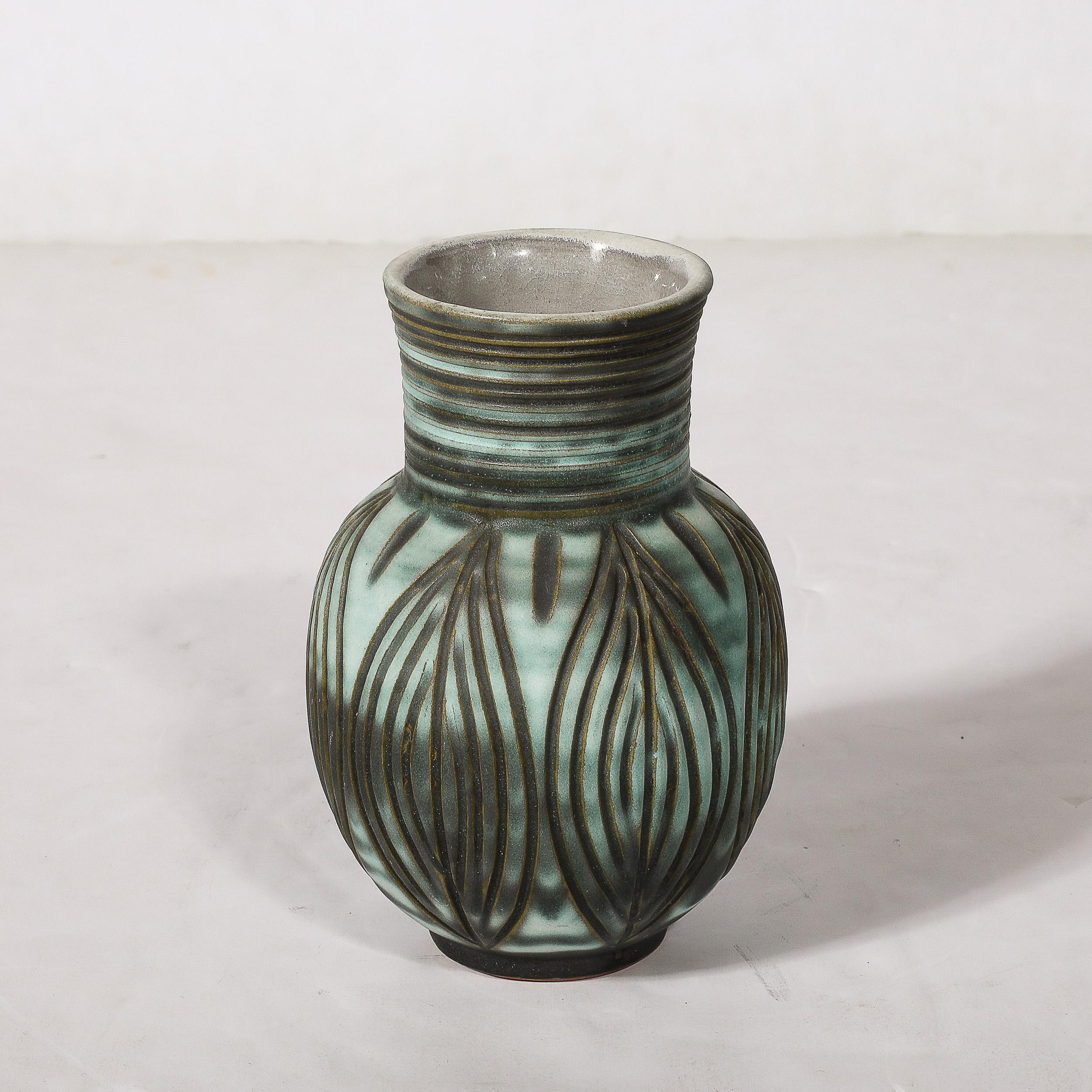 Late 20th Century Mid-Century Modernist Linear Grooved Teal/Smoked Umber Vase by Design Techniques For Sale