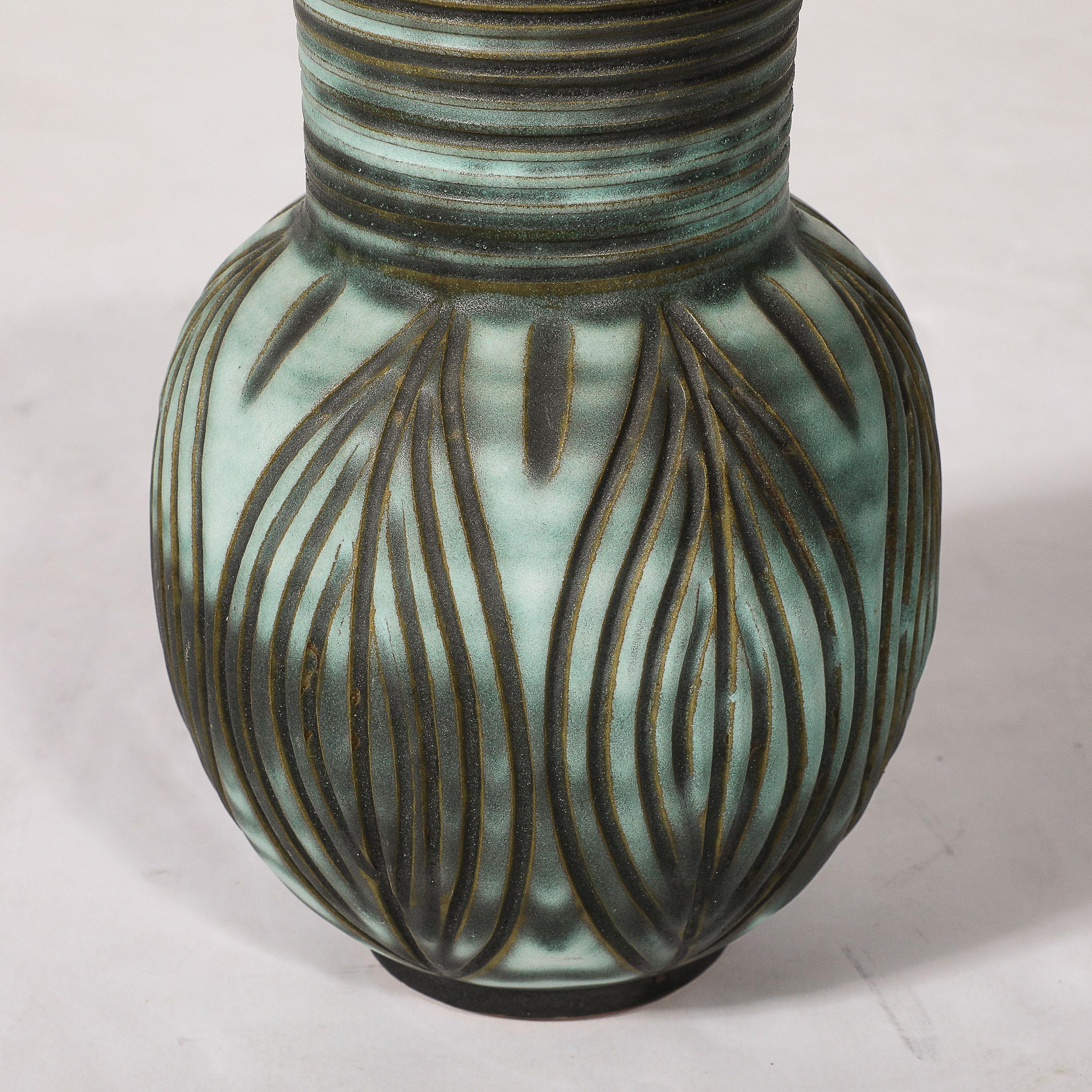 Ceramic Mid-Century Modernist Linear Grooved Teal/Smoked Umber Vase by Design Techniques For Sale