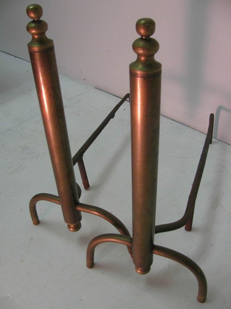 American Mid Century Modernist Machined Brass Fireplace Andirons For Sale