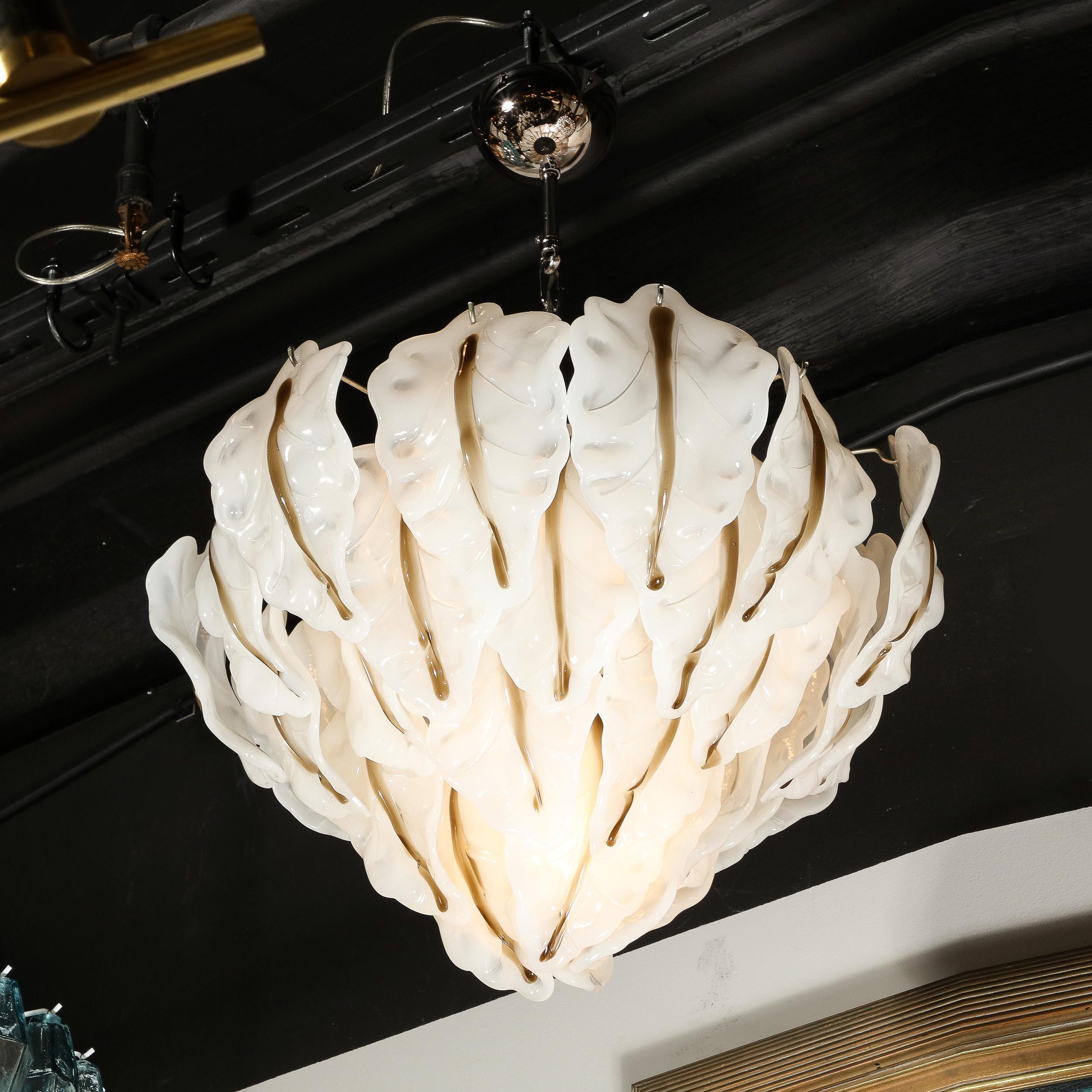 Mid-Century Modernist Mazzega Murano Glass Leaf Chandelier In Excellent Condition For Sale In New York, NY