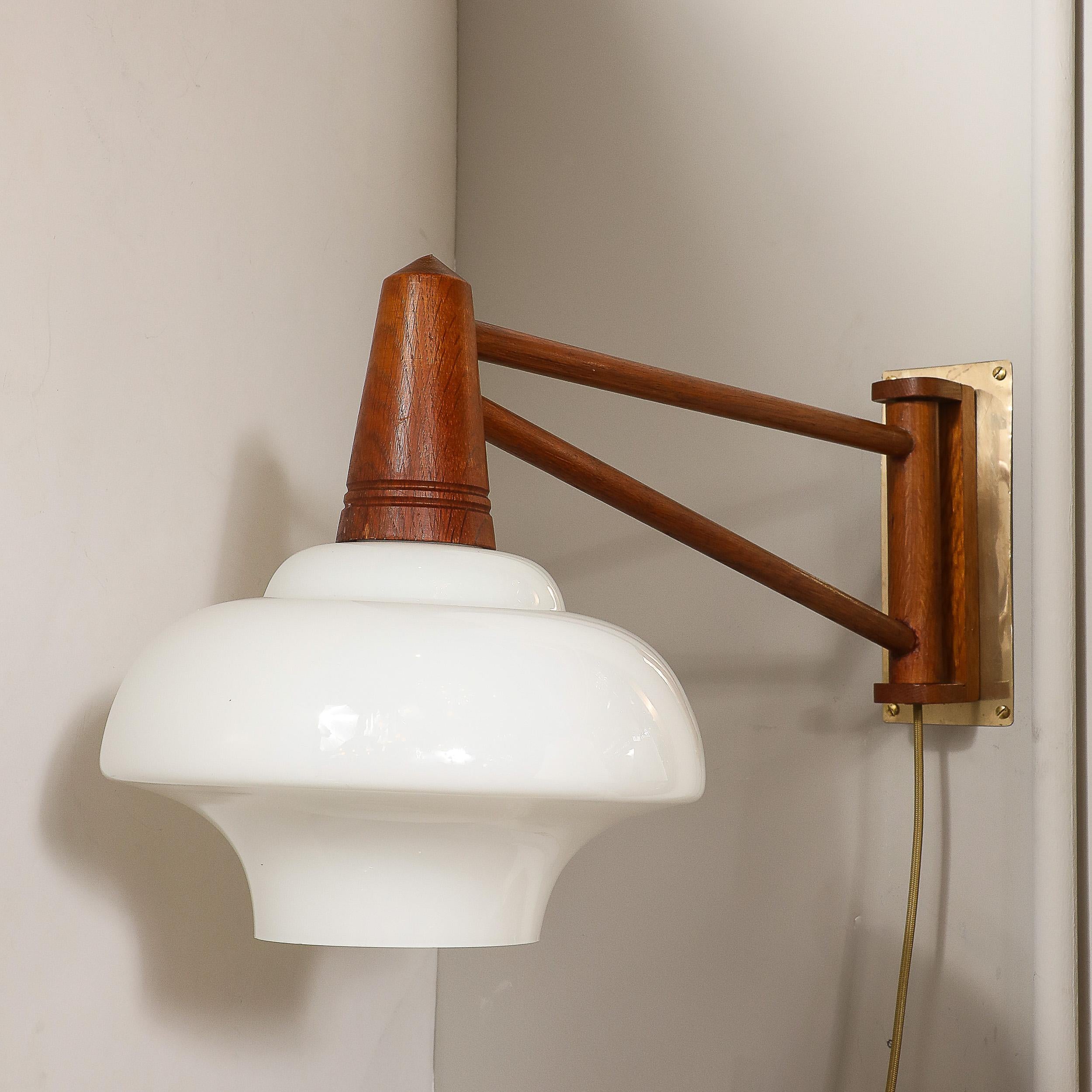Mid-Century Modernist Milk Glass & Teak Swing Arm Wall Sconce W/ Brass Fittings For Sale 6