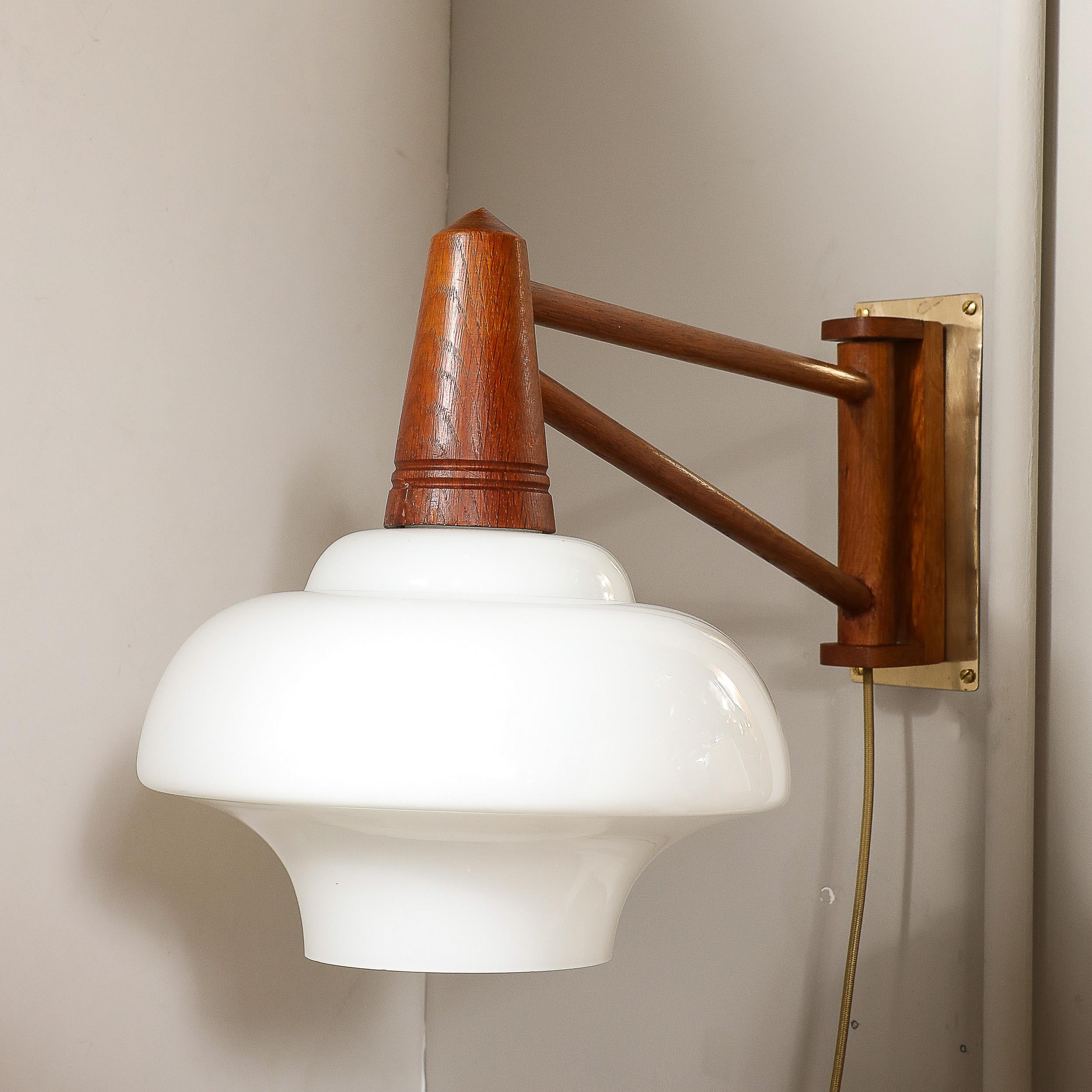 Mid-Century Modernist Milk Glass & Teak Swing Arm Wall Sconce W/ Brass Fittings For Sale 7