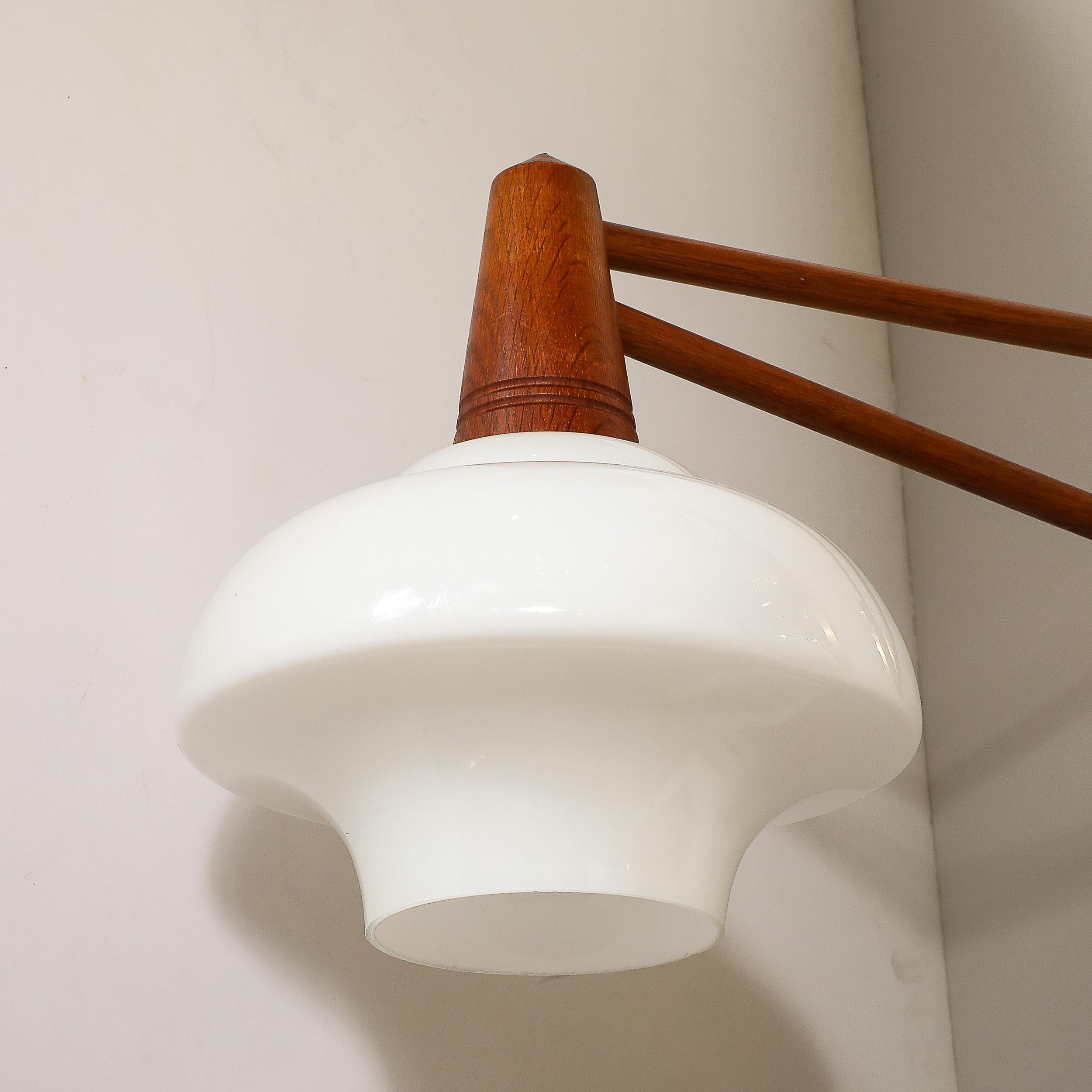 Mid-Century Modernist Milk Glass & Teak Swing Arm Wall Sconce W/ Brass Fittings For Sale 9