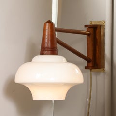 Mid-Century Modernist Milk Glass & Teak Swing Arm Wall Sconce W/ Brass Fittings