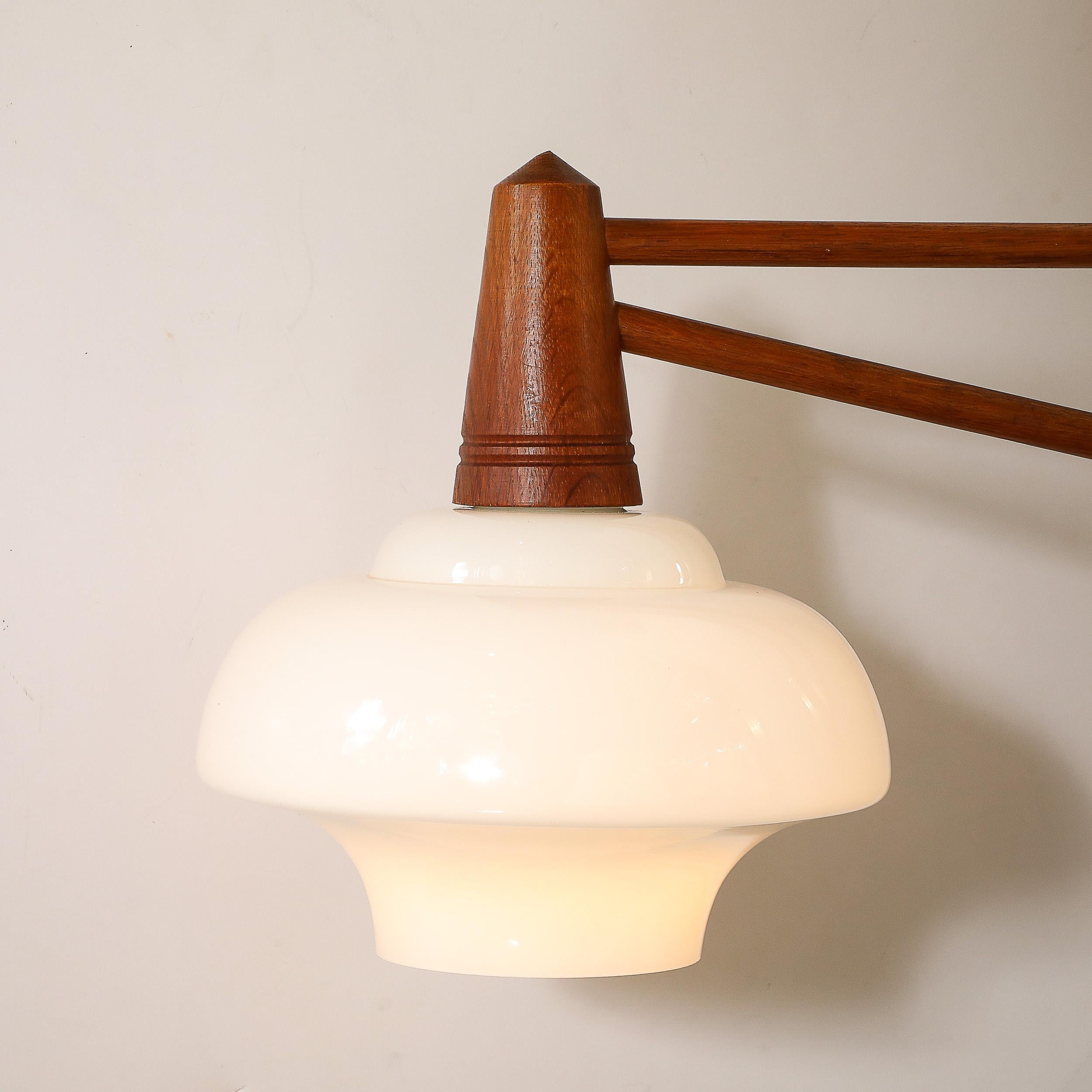 Mid-Century Modernist Milk Glass & Teak Swing Arm Wall Sconce W/ Brass Fittings For Sale 1