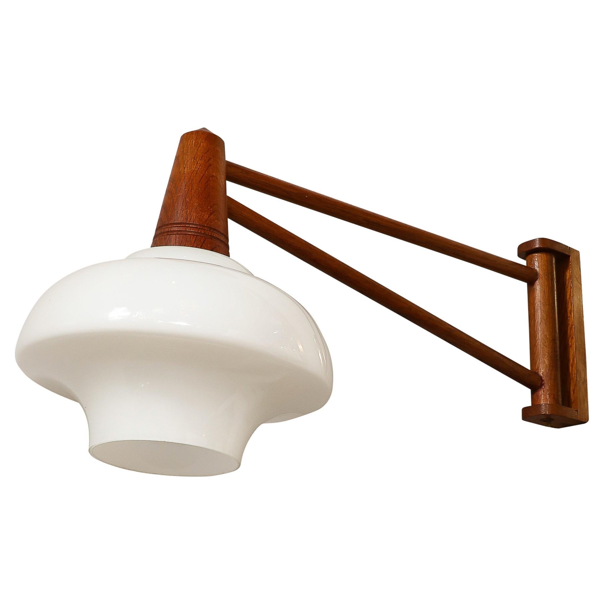 Mid-Century Modernist Milk Glass & Teak Swing Arm Wall Sconce W/ Brass Fittings